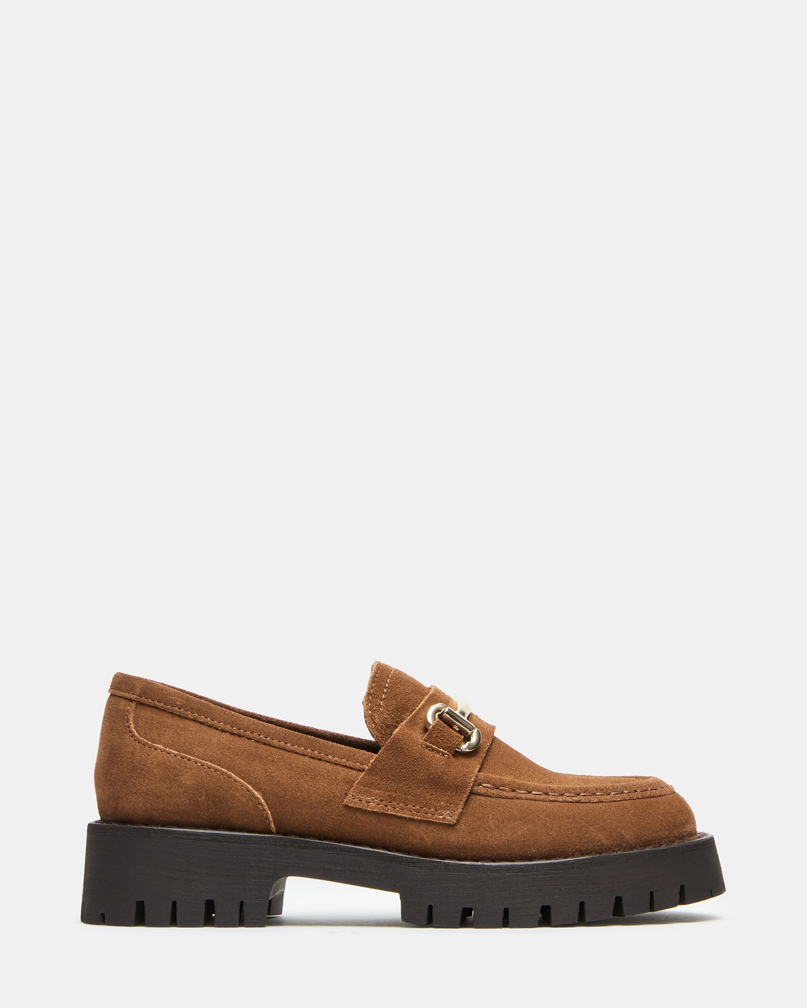 Close-up of LANDO suede platform loafers highlighting the horsebit detail.