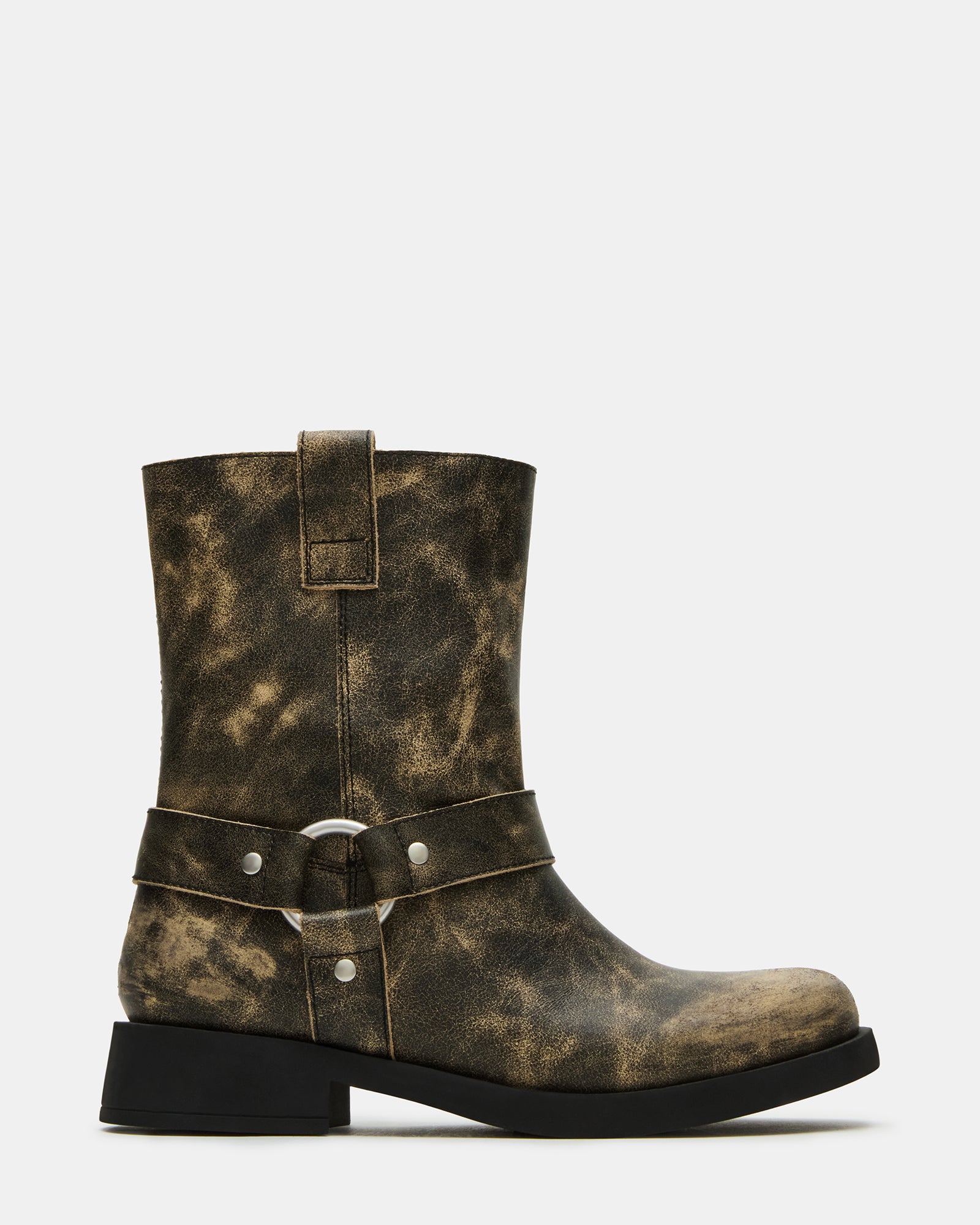 Side view of distressed boots showing heel height and ankle cut