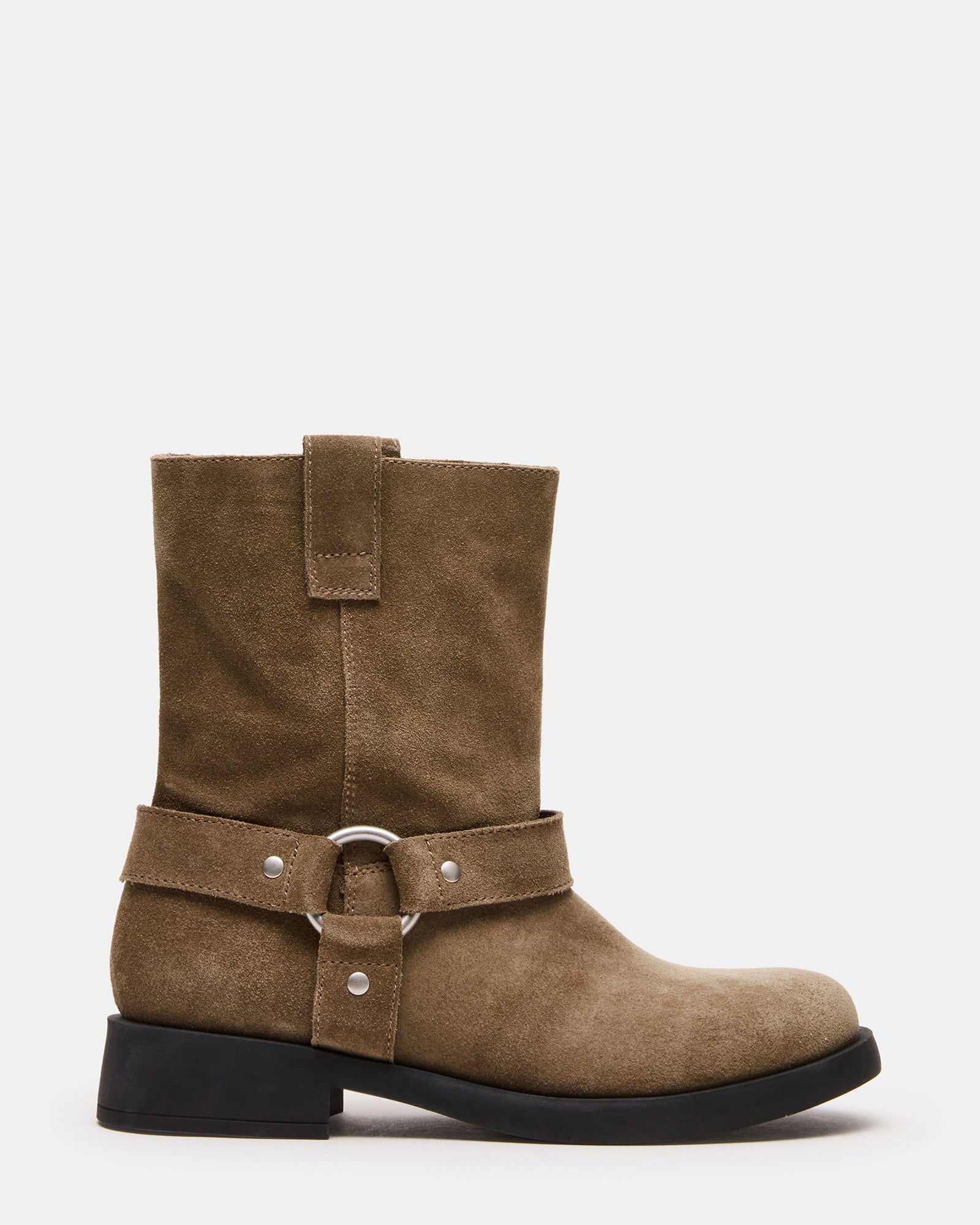 Side view of LANI olive suede moto ankle boots showcasing their stylish design.
