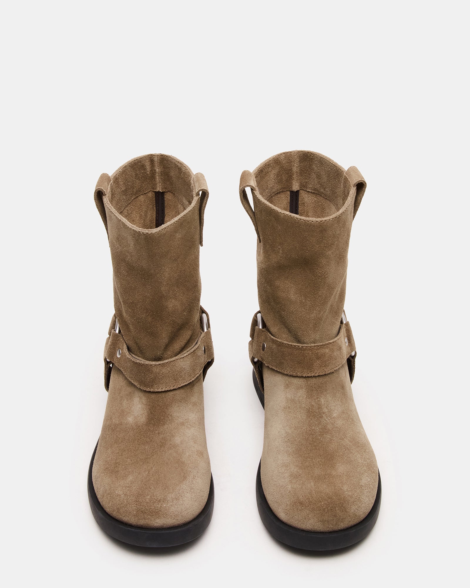 Side view of LANI olive suede moto ankle boots showcasing their stylish design.
