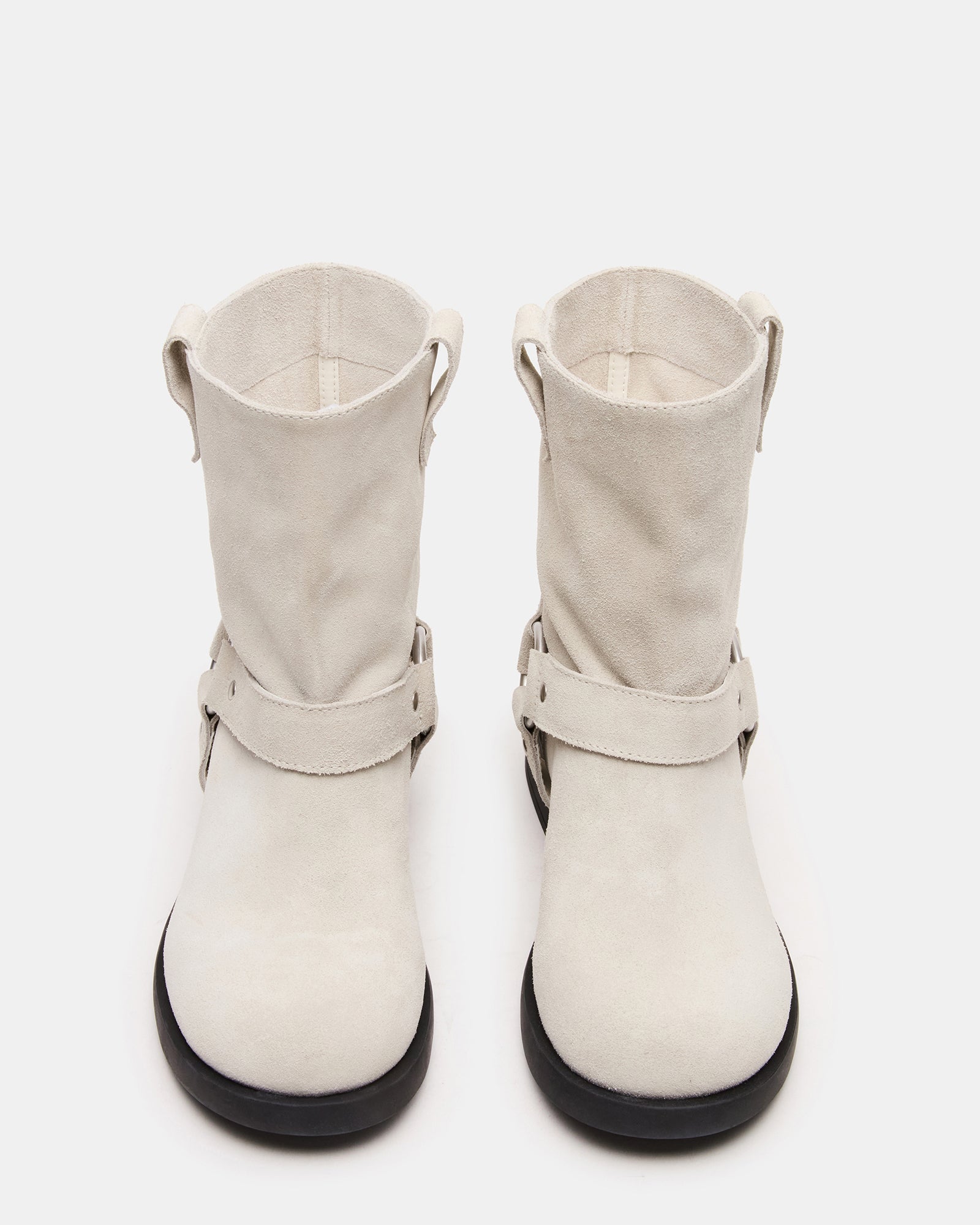 LANI white suede ankle boots side view showing moto stitching details
