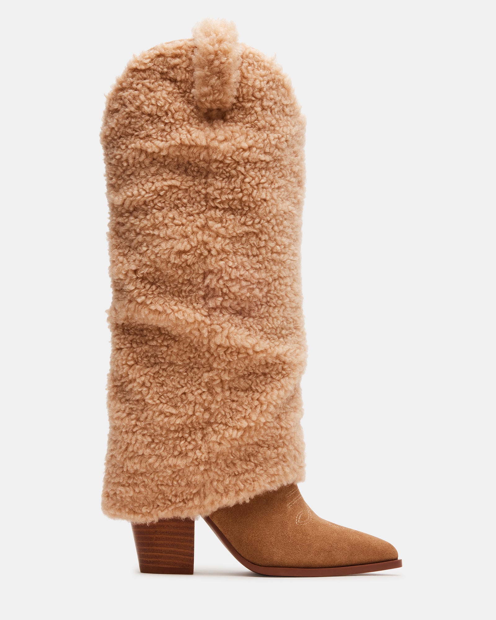Side angle view of brown knee high boots with slouchy faux fur cuffs