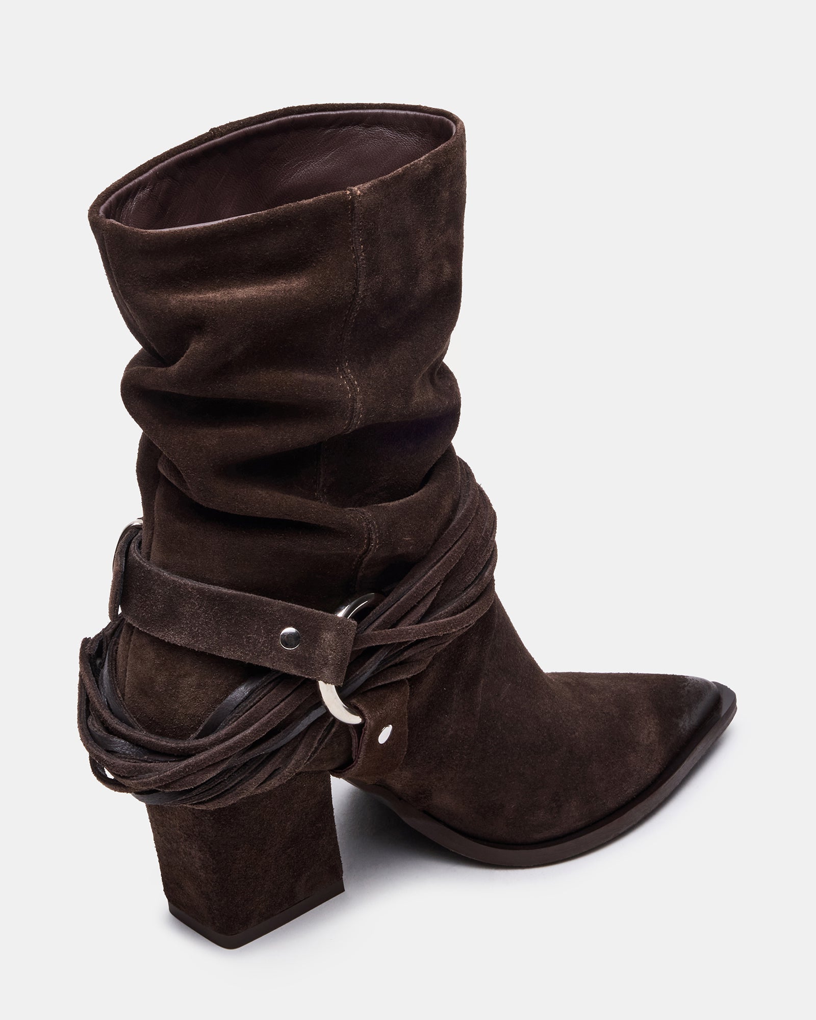 Close-up of the pointed toe design of the dark taupe ankle boots.
