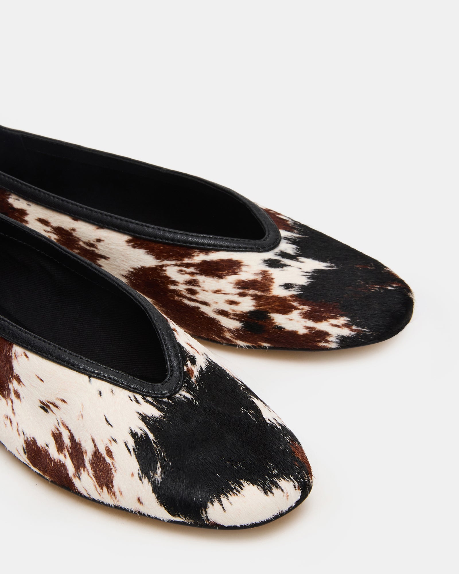 Top view of LENI cow print ballet flats with square toe and textile lining