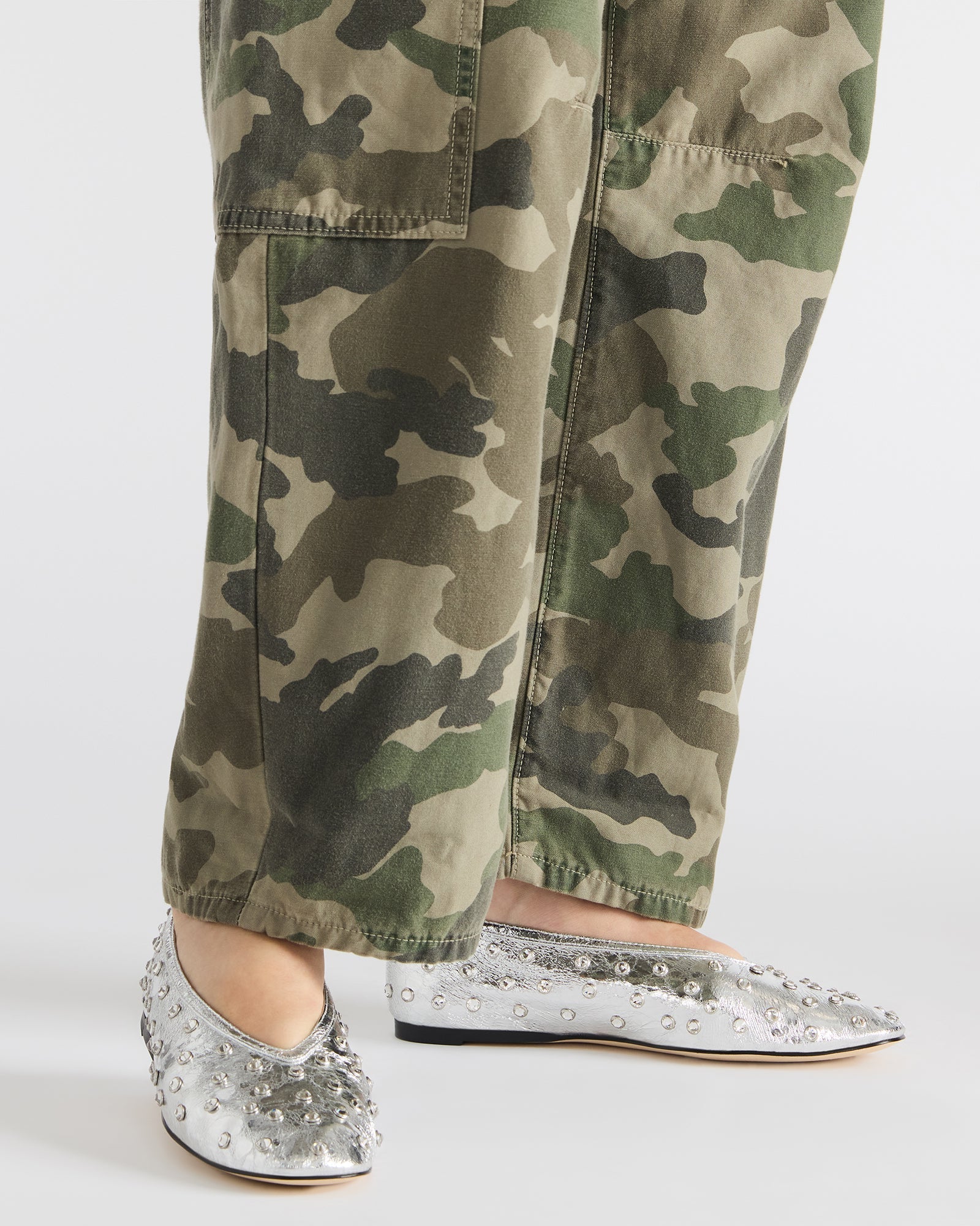 Close-up of flat back rhinestones on stylish ballet flats.