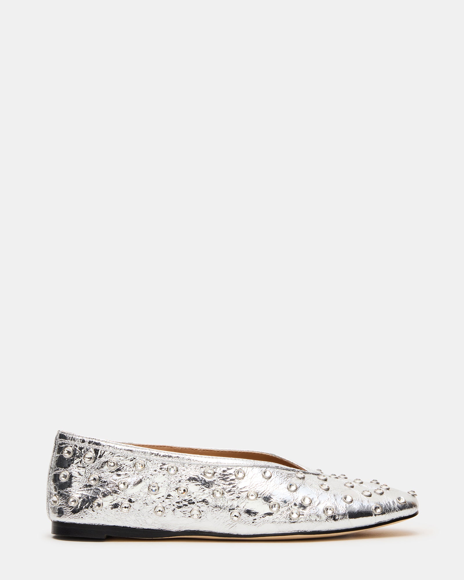 Elegant square toe ballet flats with silver metallic finish.