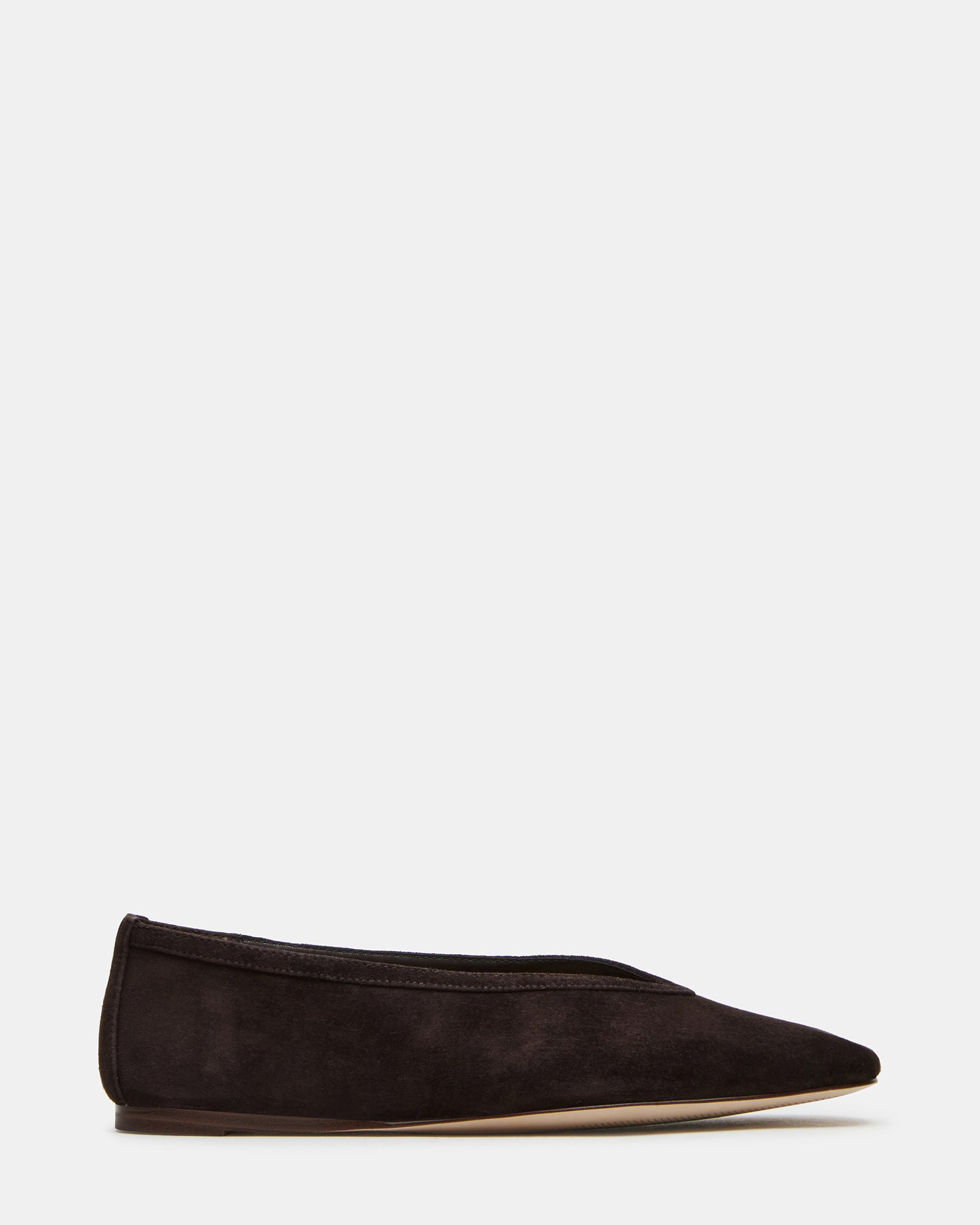 Side view of LENI brown suede ballet flats with square toe design
