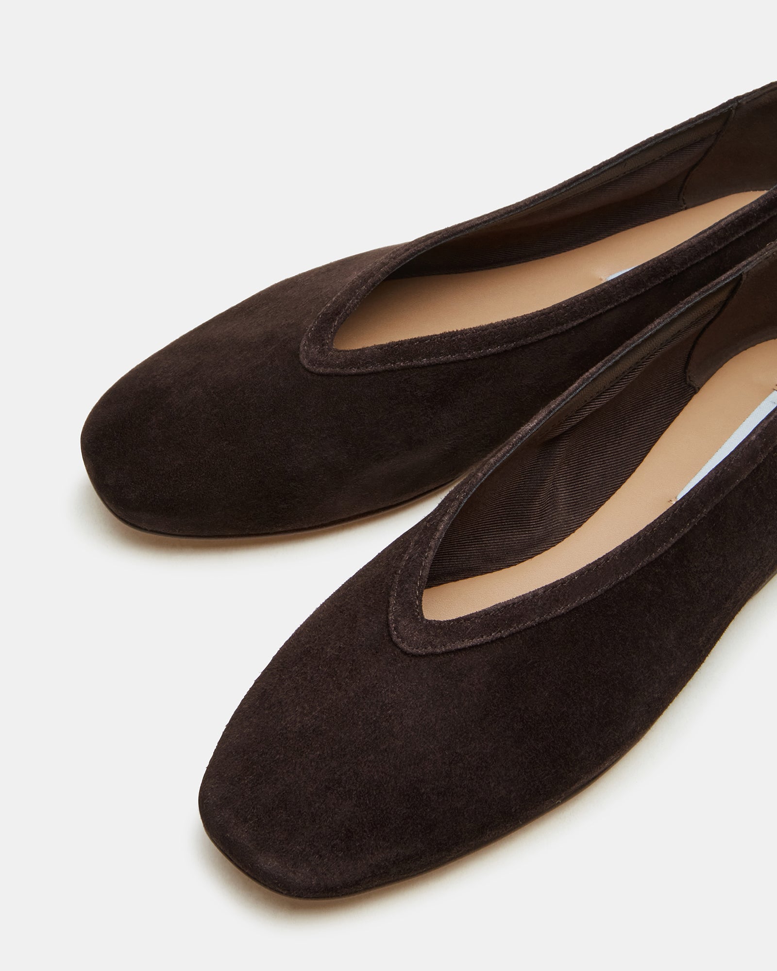 Side view of LENI brown suede ballet flats with square toe design