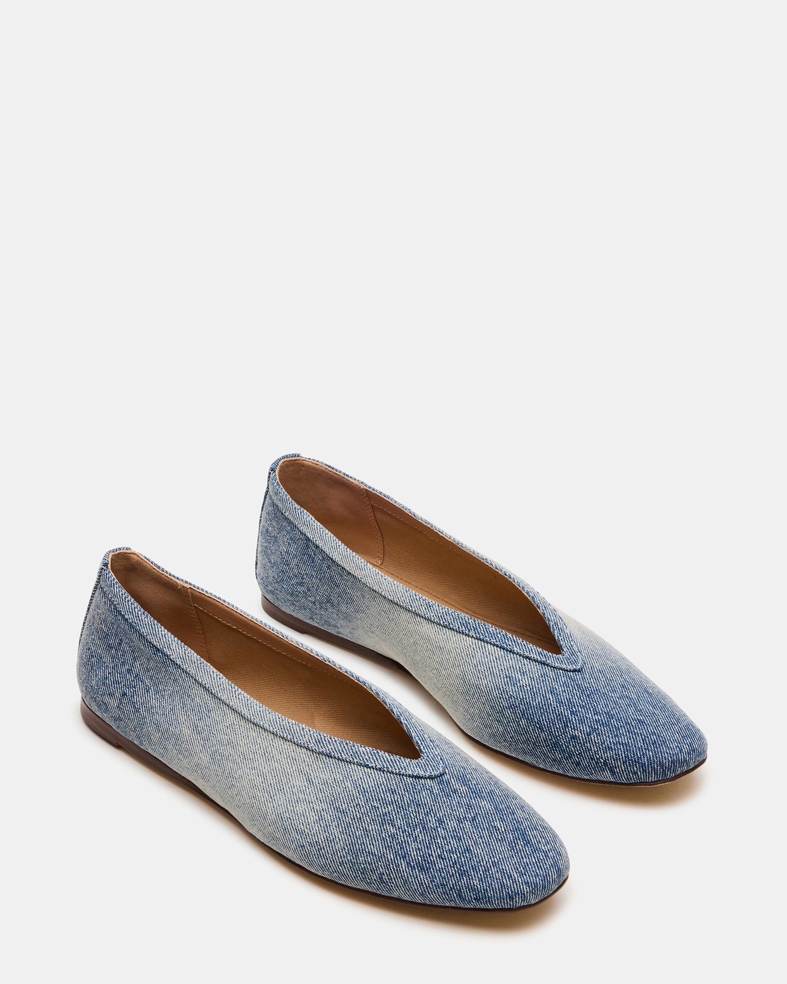 Close-up of the square toe design on LENI denim ballet flats, highlighting the sleek finish