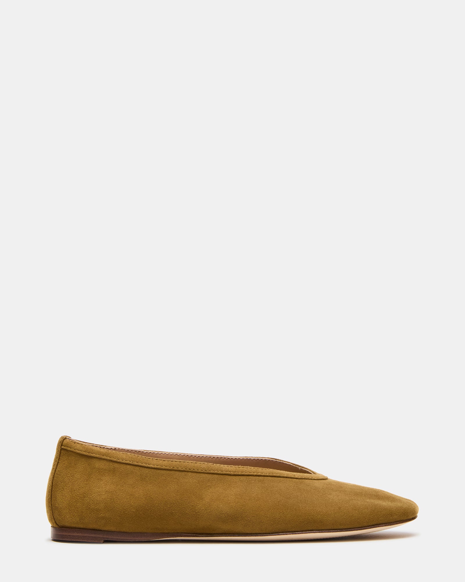 Leni mustard suede ballet flats from the side, highlighting the sleek square toe design.