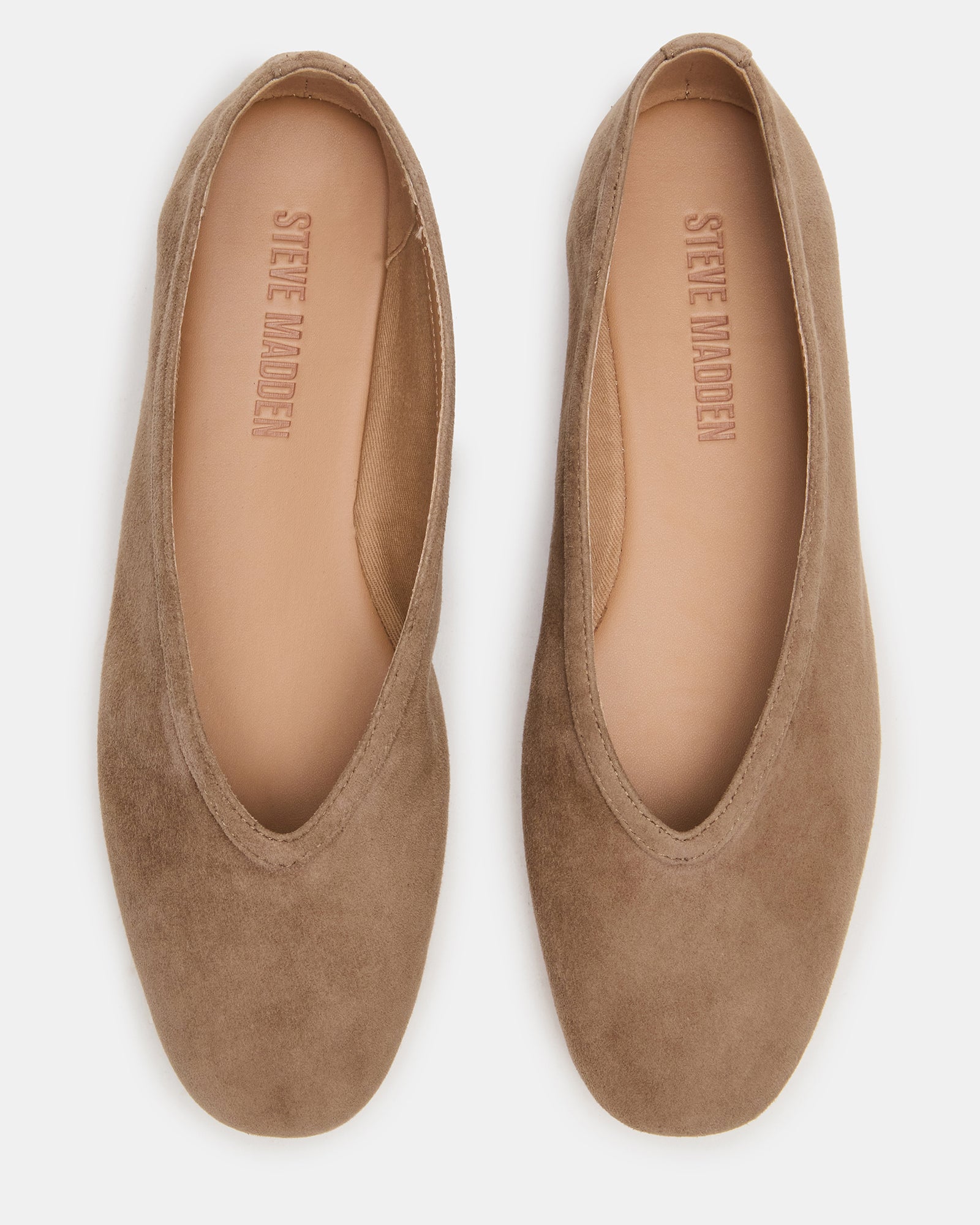 Top view of Leni taupe suede ballet flats showing their luxurious material.