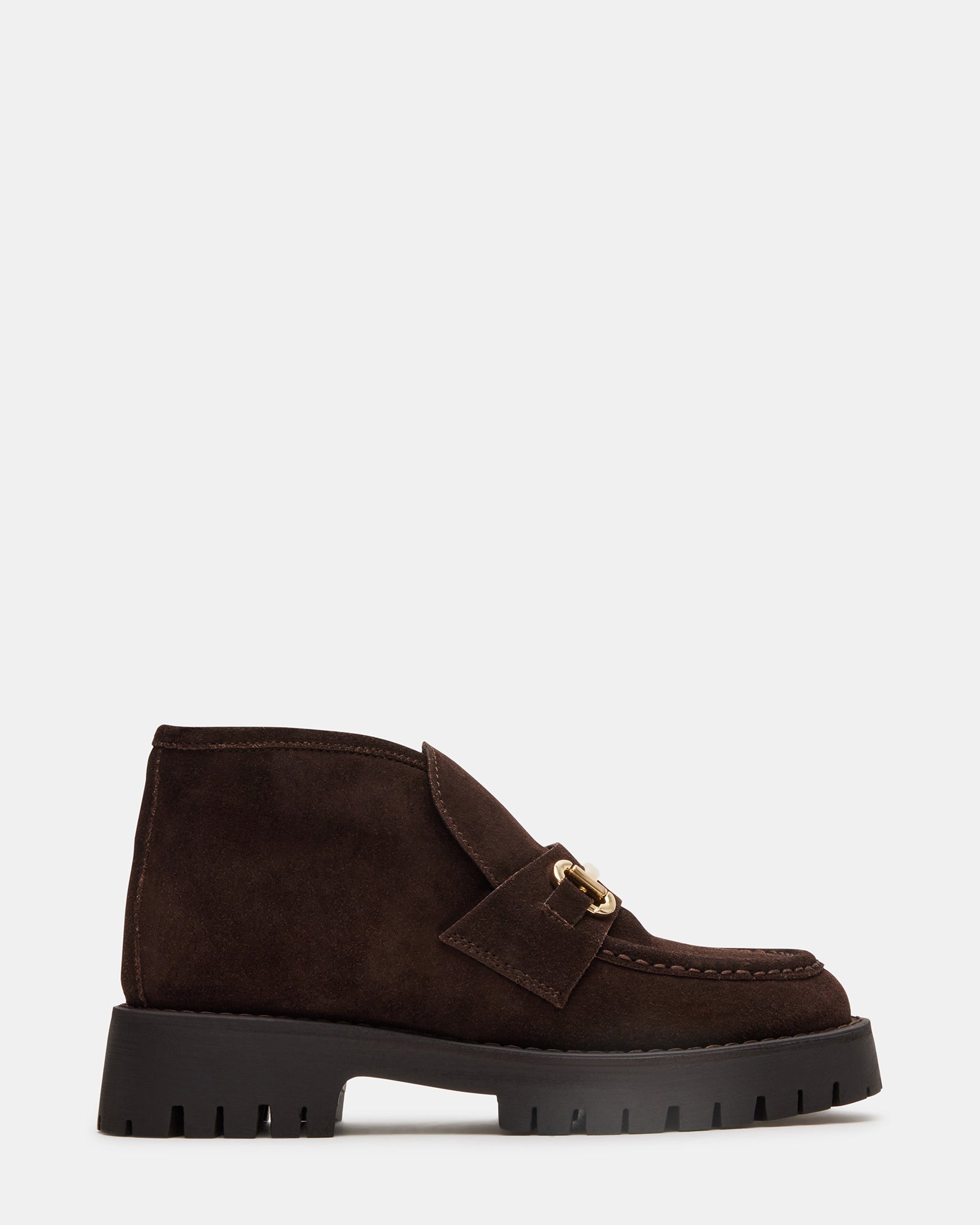 Top view of chocolate suede loafers for men with platform sole and horsebit accent.