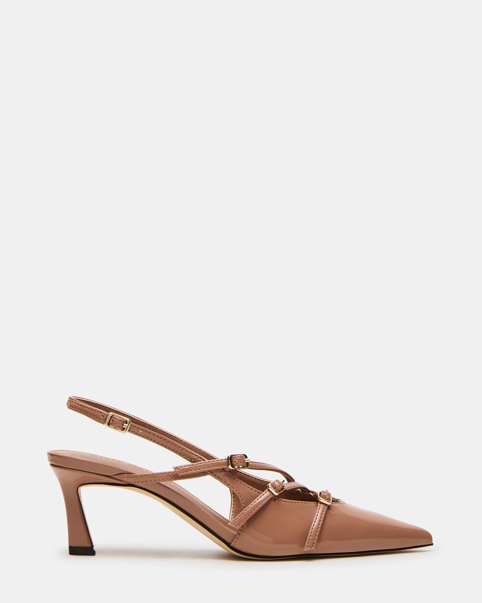 LIANA mocha slingback heels front view, showing pointed toe and strappy design