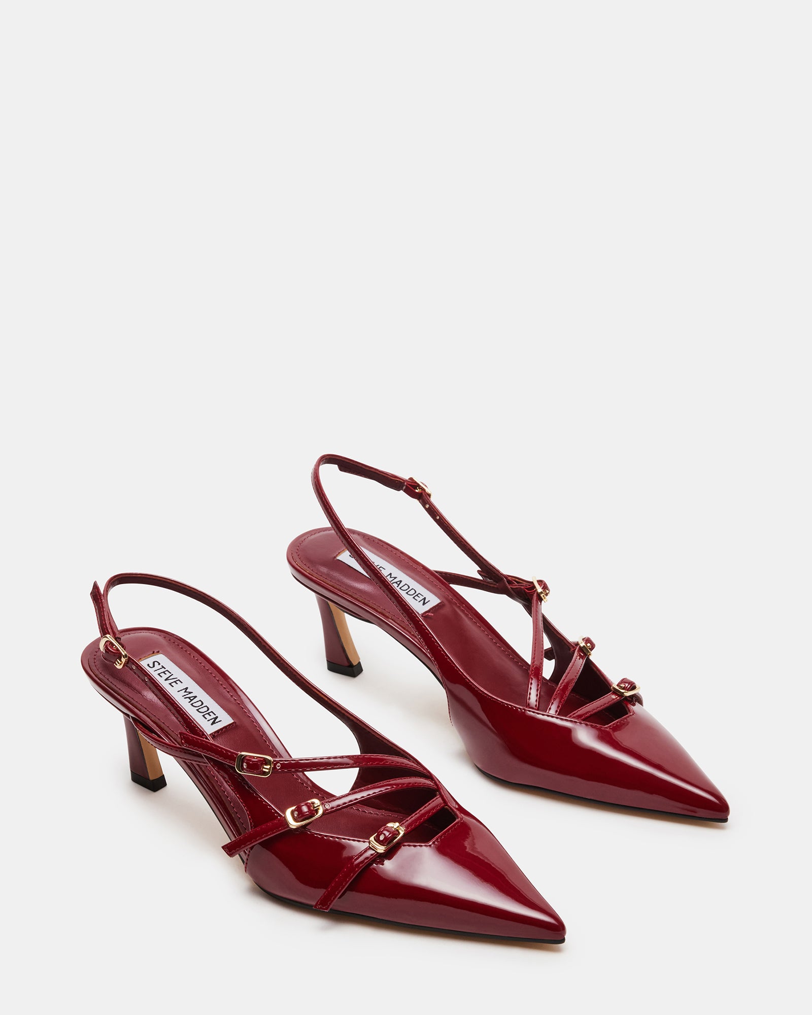 Close-up of the heel and strap detail of sophisticated pointed toe heels