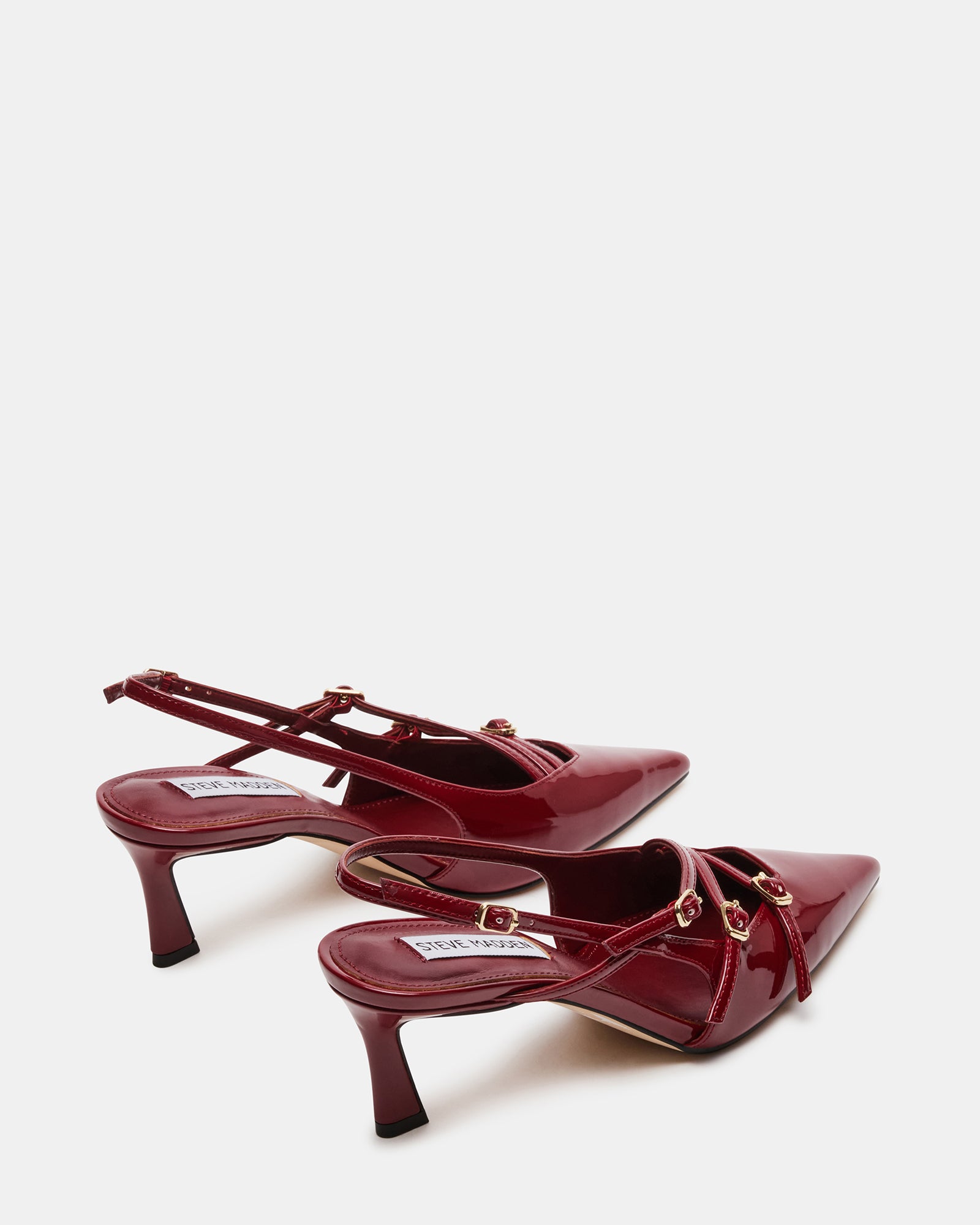 Close-up of the heel and strap detail of sophisticated pointed toe heels