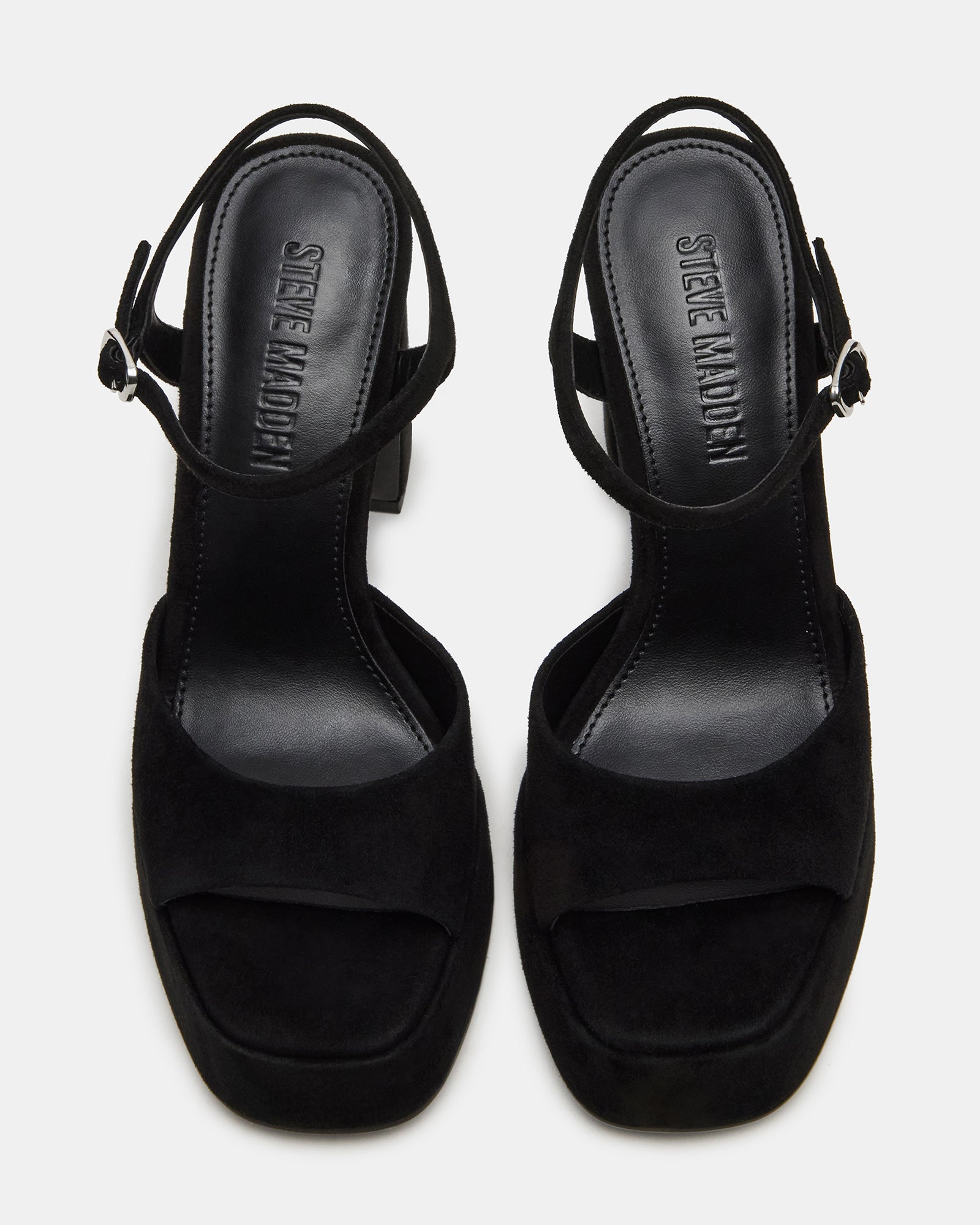 Close-up on square toe design and texture-rich suede finish of the Liandra shoes.