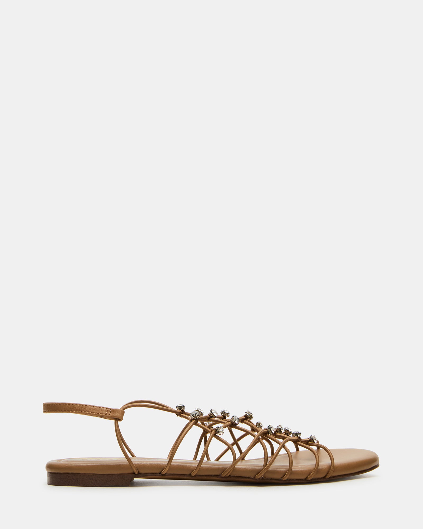 Close-up of natural rhinestone detailing on nude strappy sandals