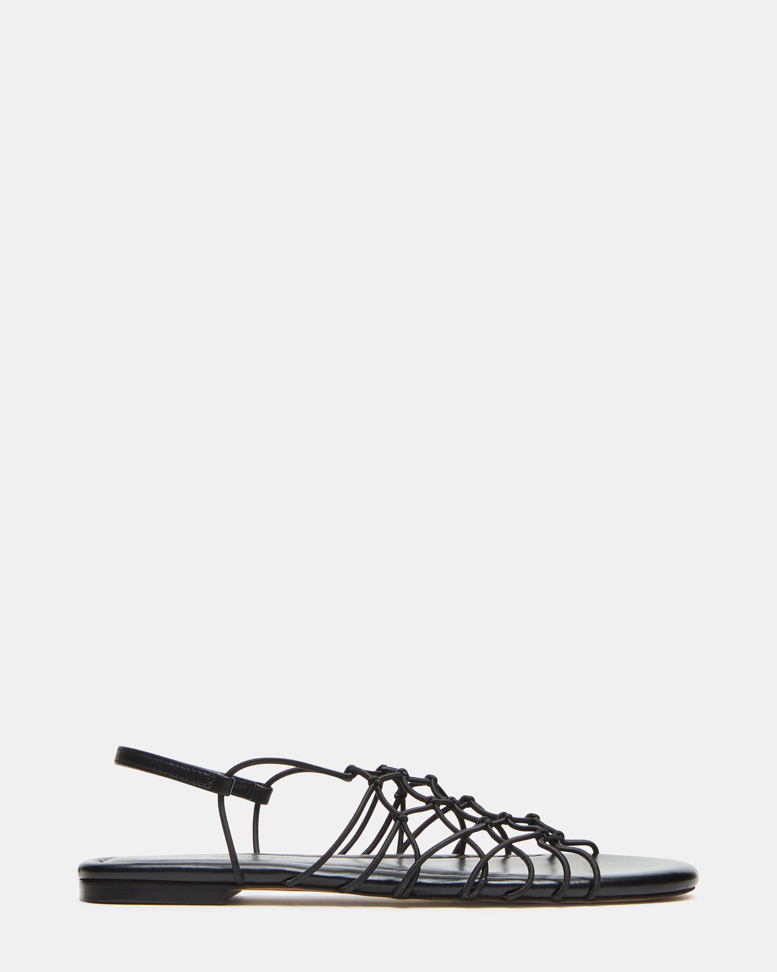 Front view of LIBRA black flat sandals showing the rounded toe and strappy design