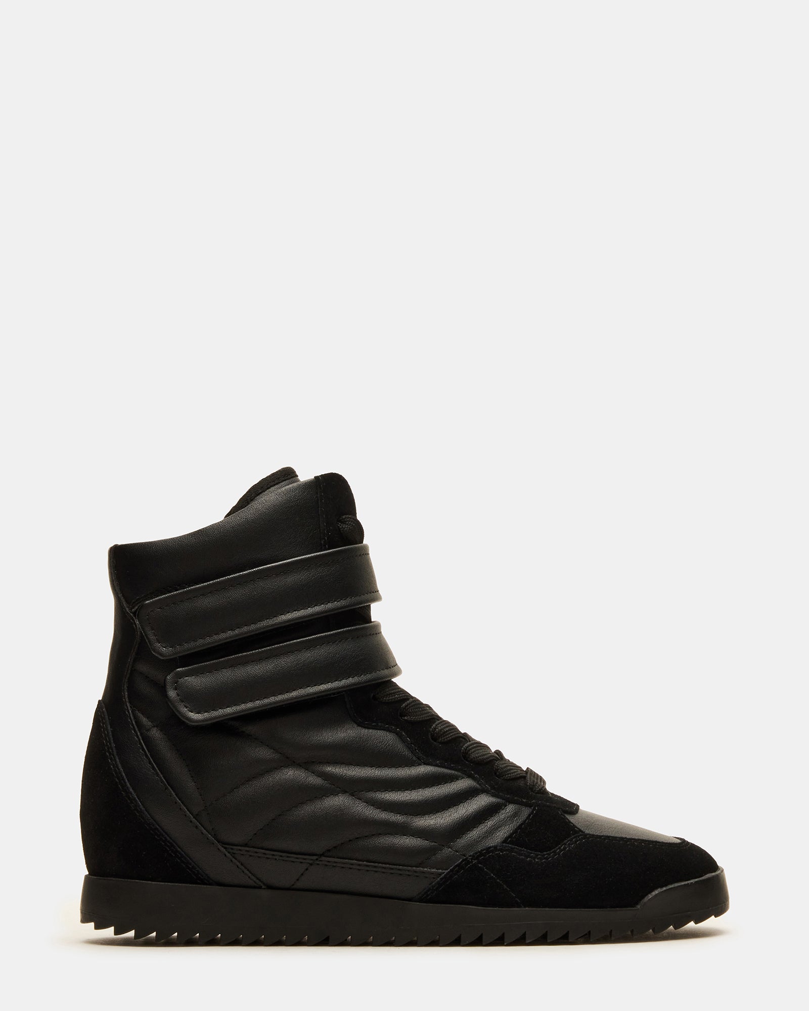 LIFTOFF black leather high-top sneakers with lace-up closure on a city street
