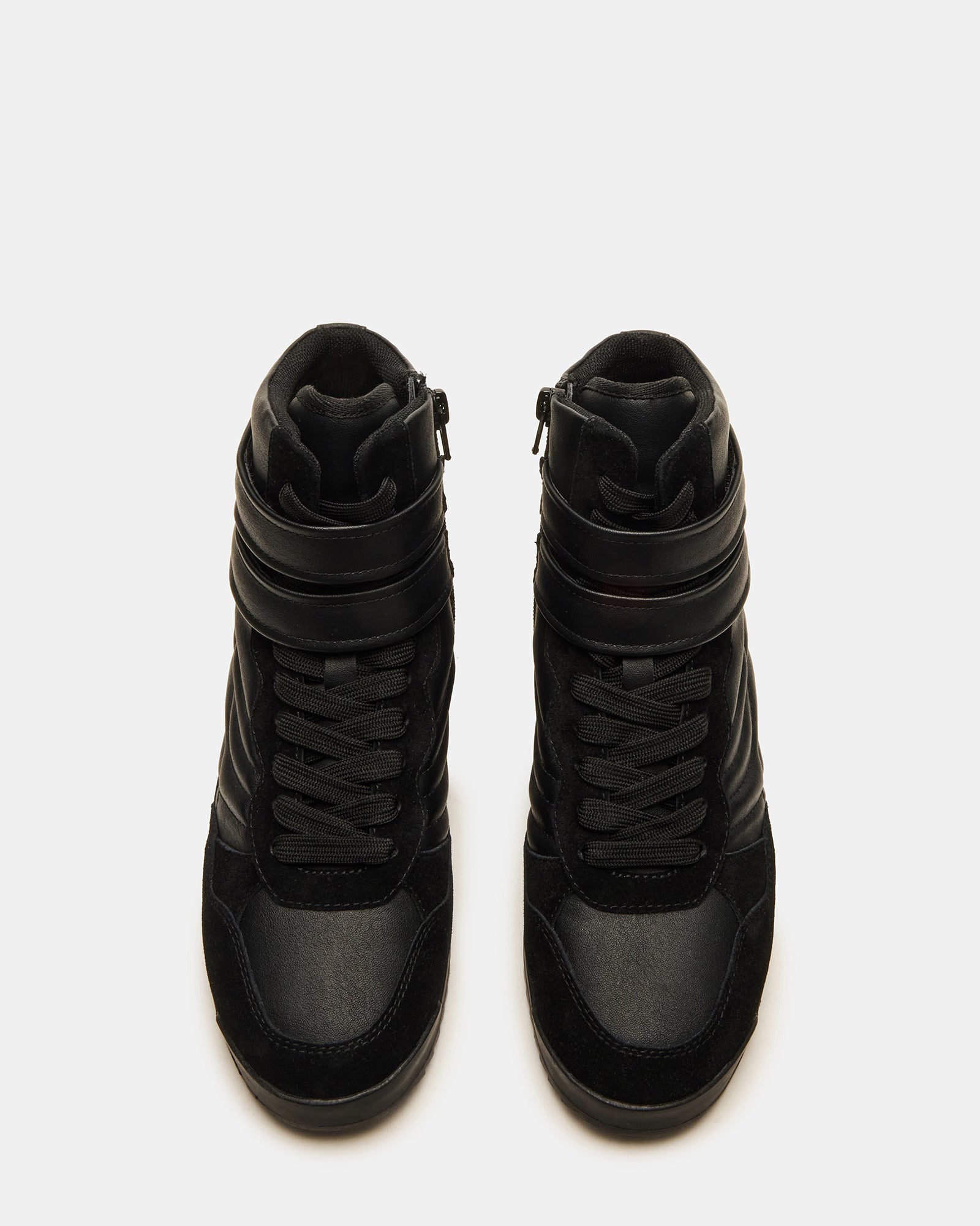 LIFTOFF black leather high-top sneakers with lace-up closure on a city street