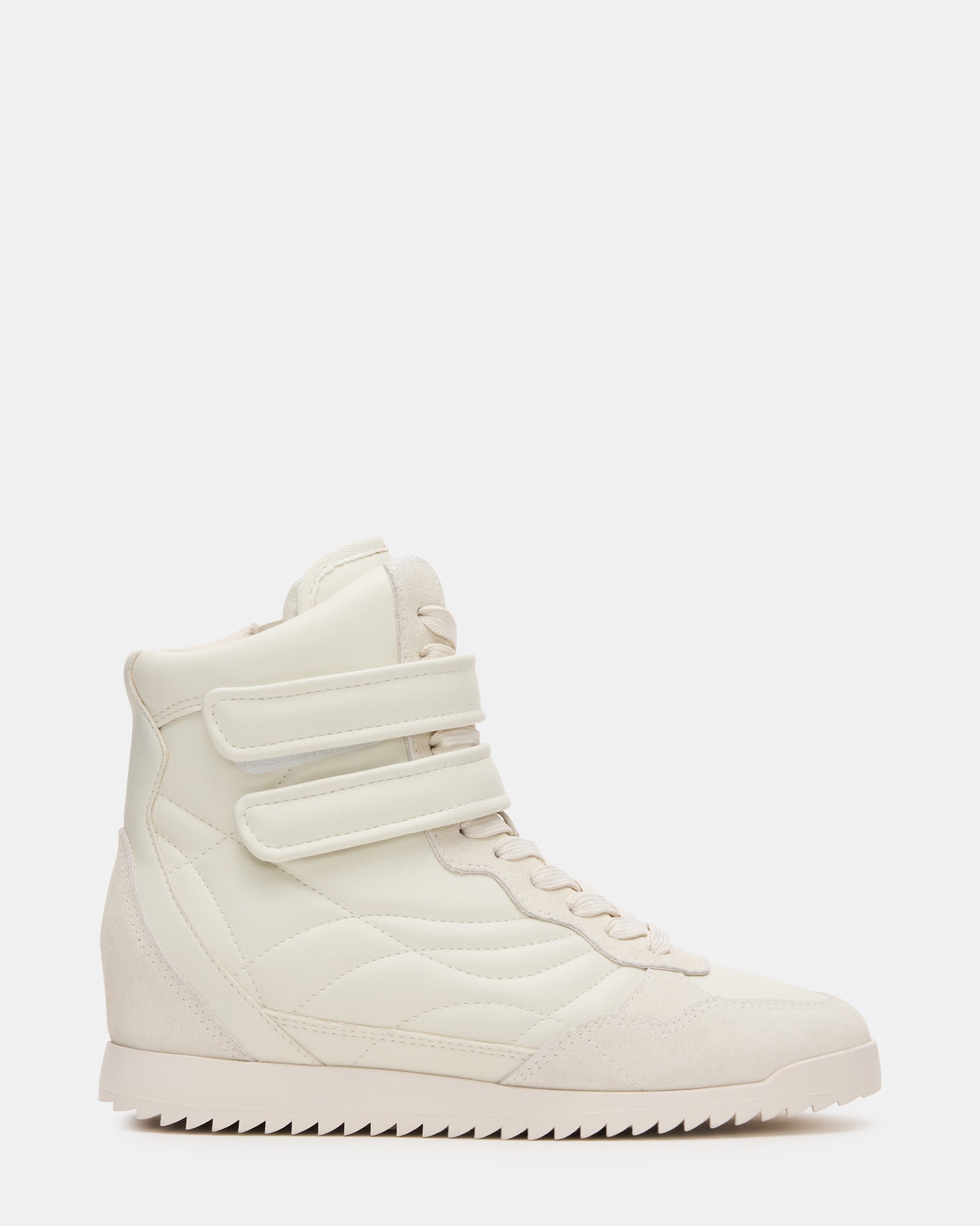 Elevate lace-up high-top sneakers in white leather, side view.