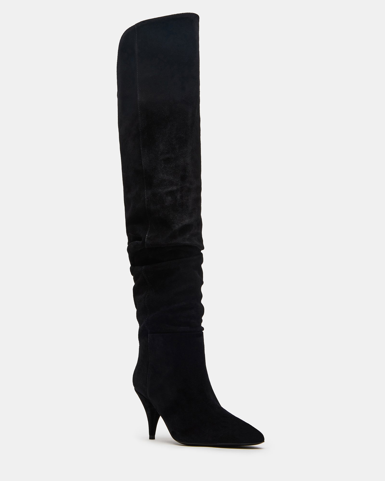 Close-up of the heel detail on black over the knee boots.