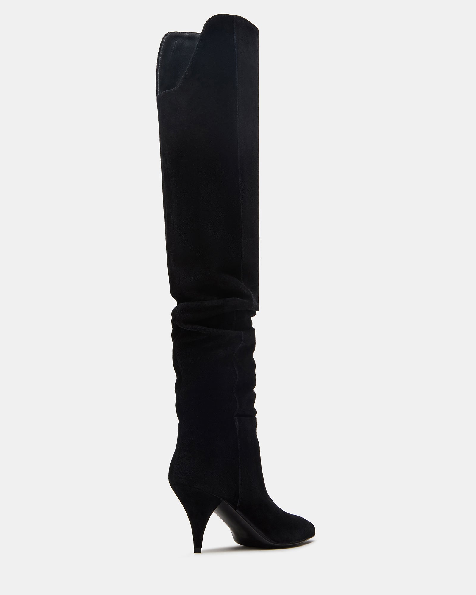 Close-up of the heel detail on black over the knee boots.