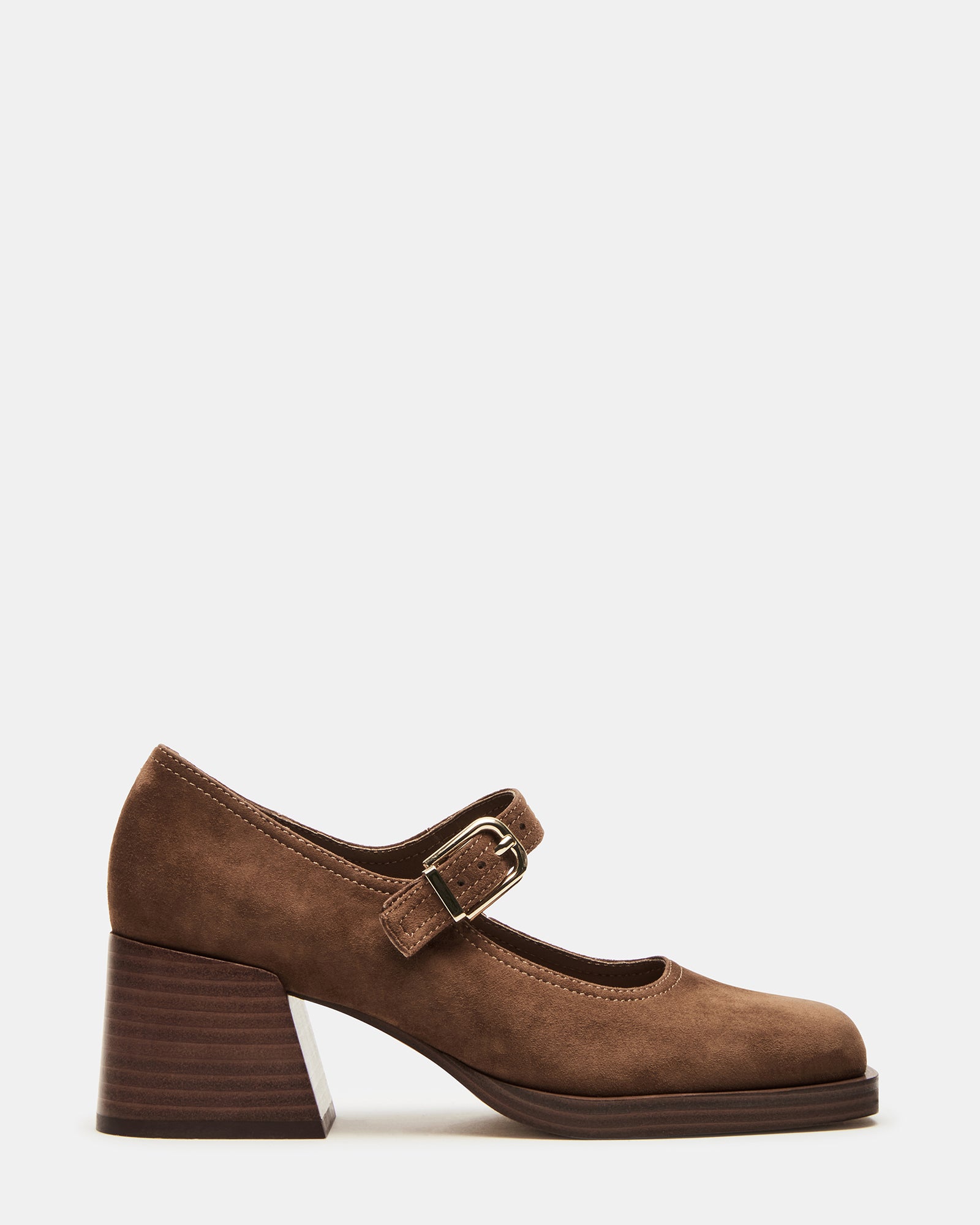 Side view of LISBON chestnut suede Mary Jane loafers showcasing the square toe.