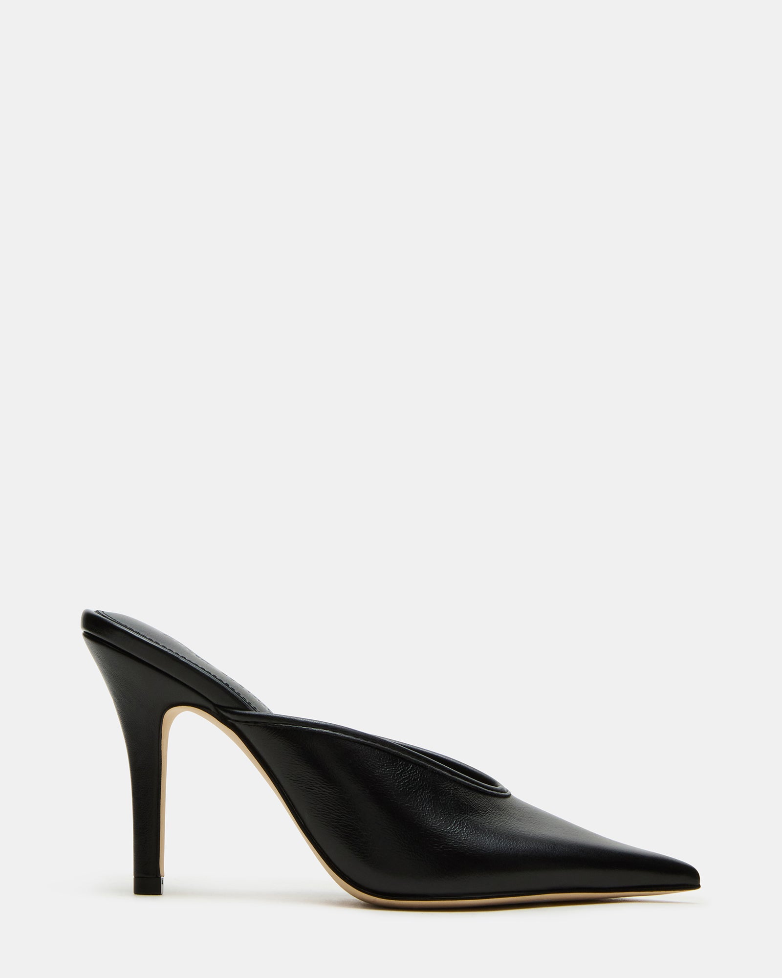 Black leather pointed toe mules showcasing elegant design and 4-inch heels.