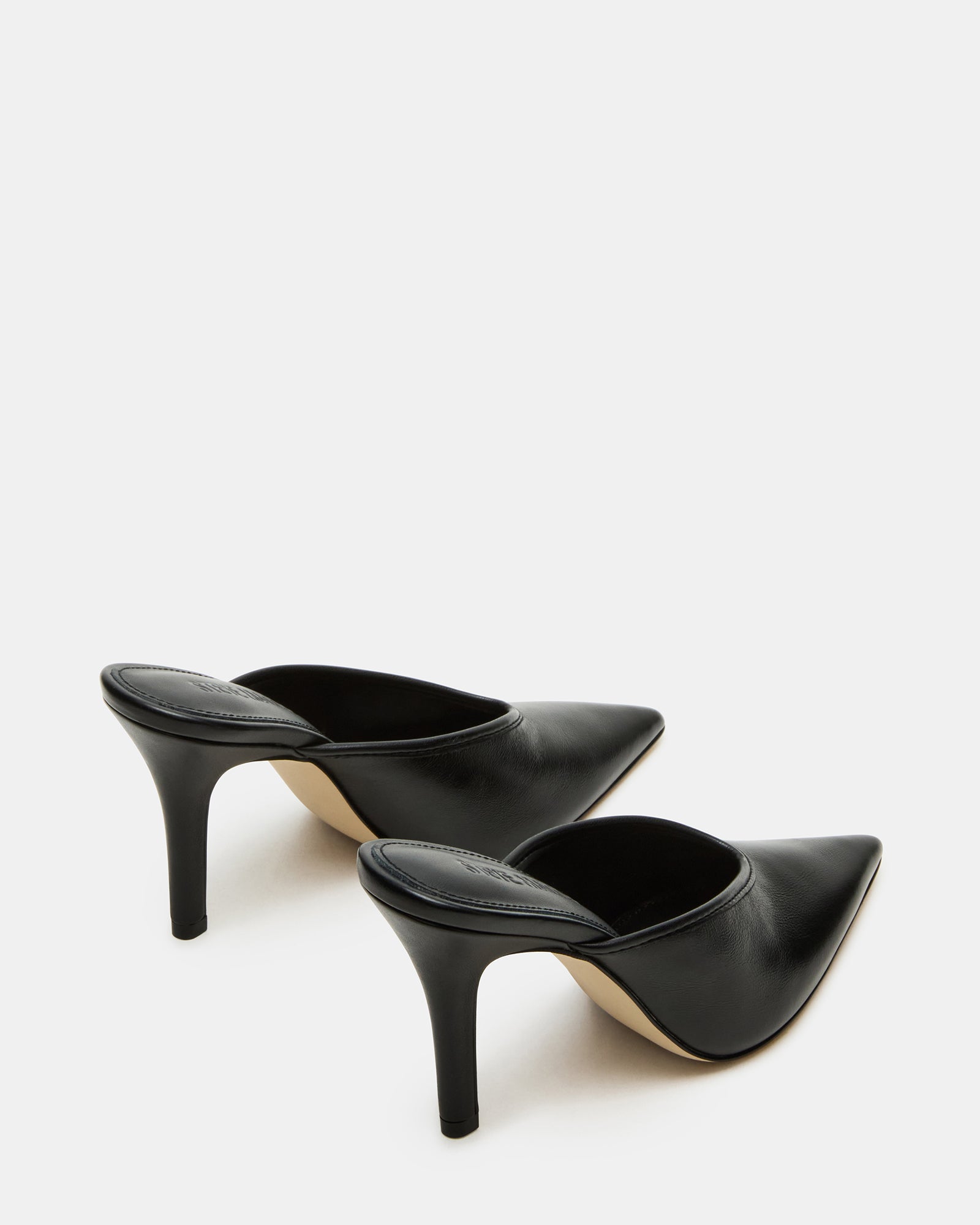Close-up of stylish womens high heel mules in black leather.