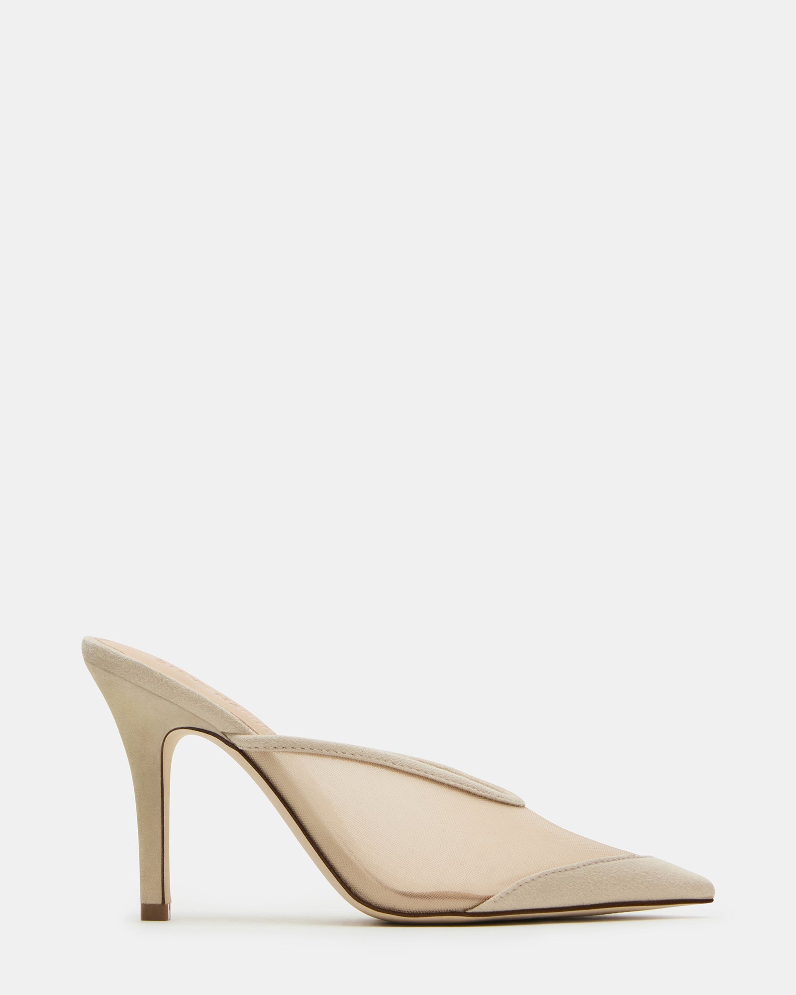 Top-down angle showing pointed toe mule block heel and suede texture