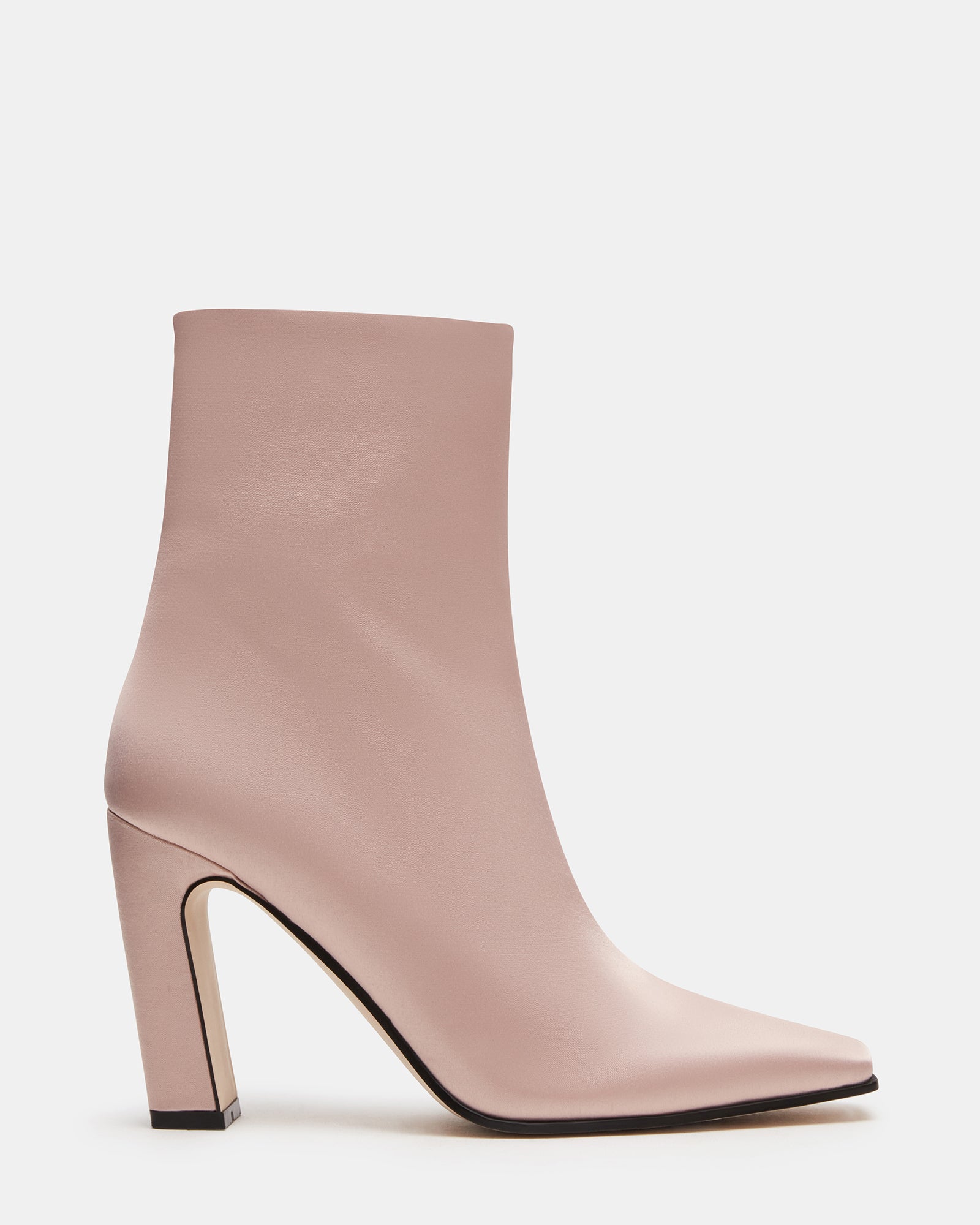 Front view of ankle boots showing square toe and satin texture