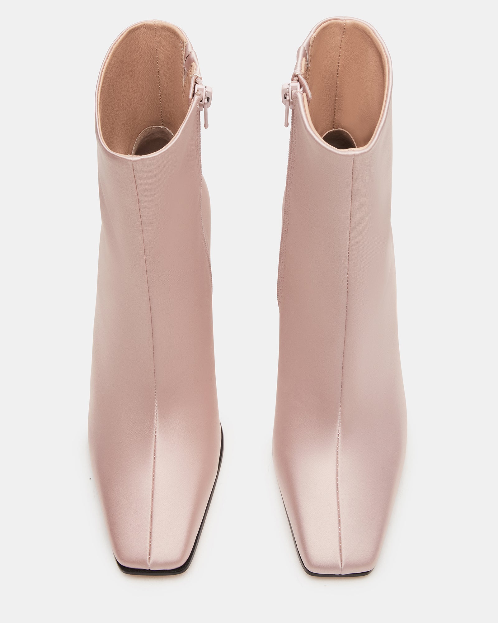 Front view of ankle boots showing square toe and satin texture