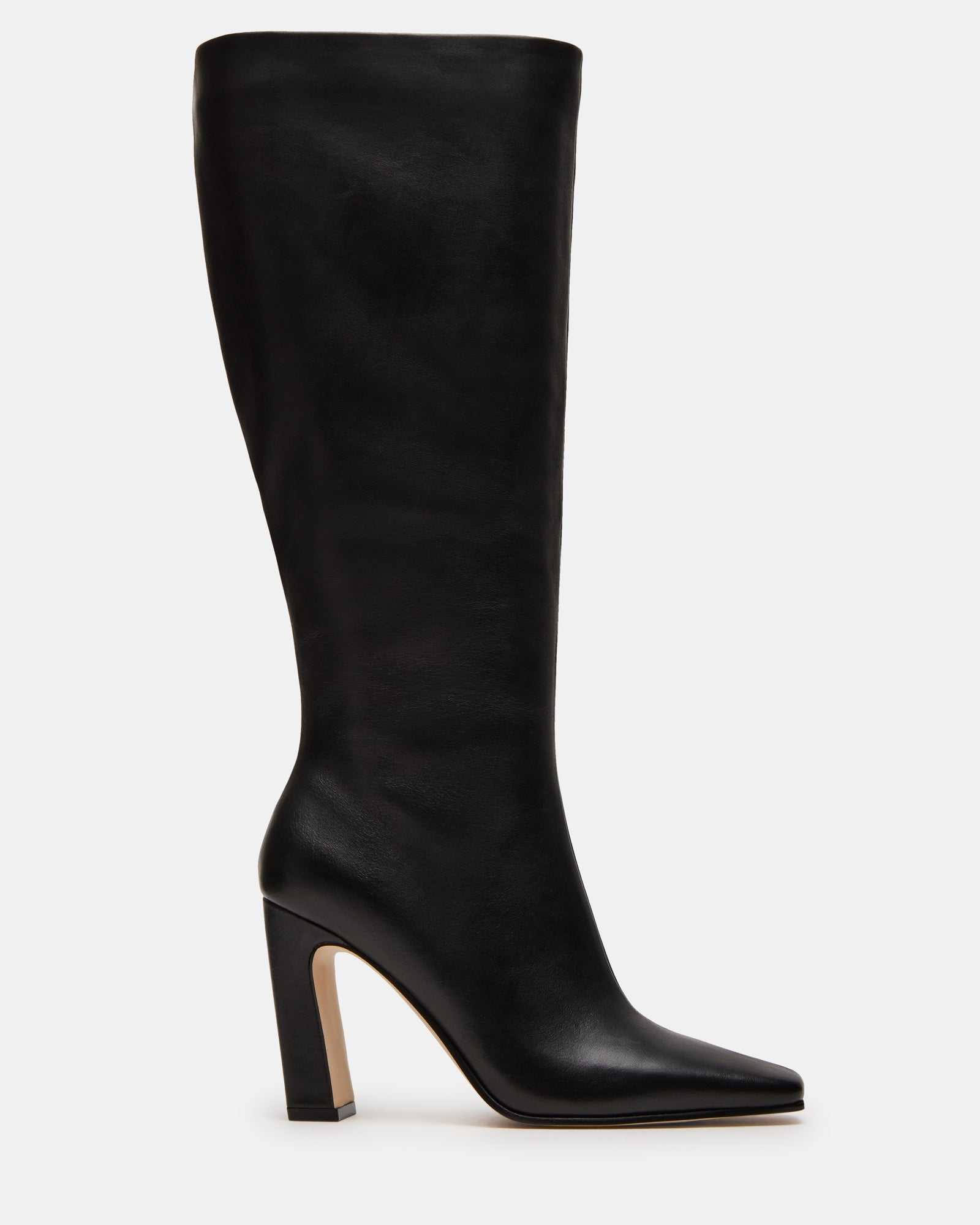 Side view of black leather knee-high boots showing wide boot calf fit