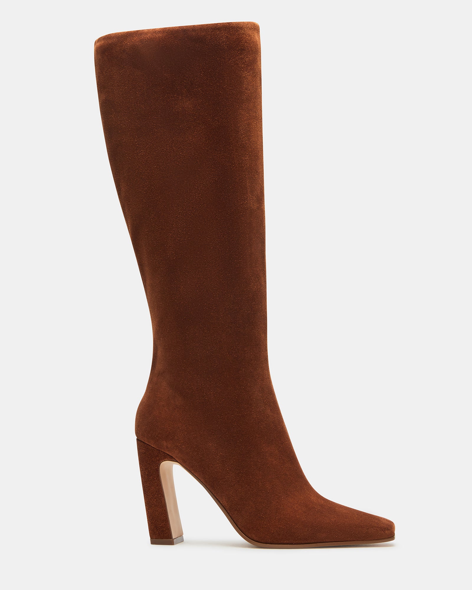 Side view of Lizette Cognac Suede knee-high boots highlighting the tall shaft and square toe