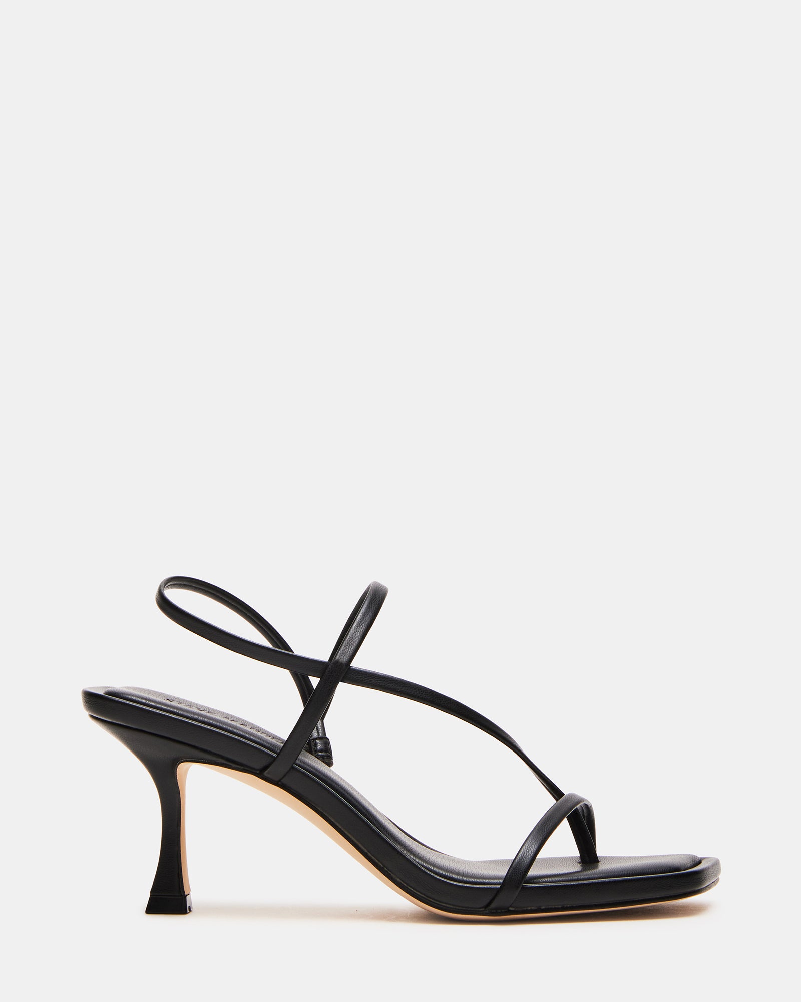Side view of LOCKE black square toe strappy heels highlighting the square toe design