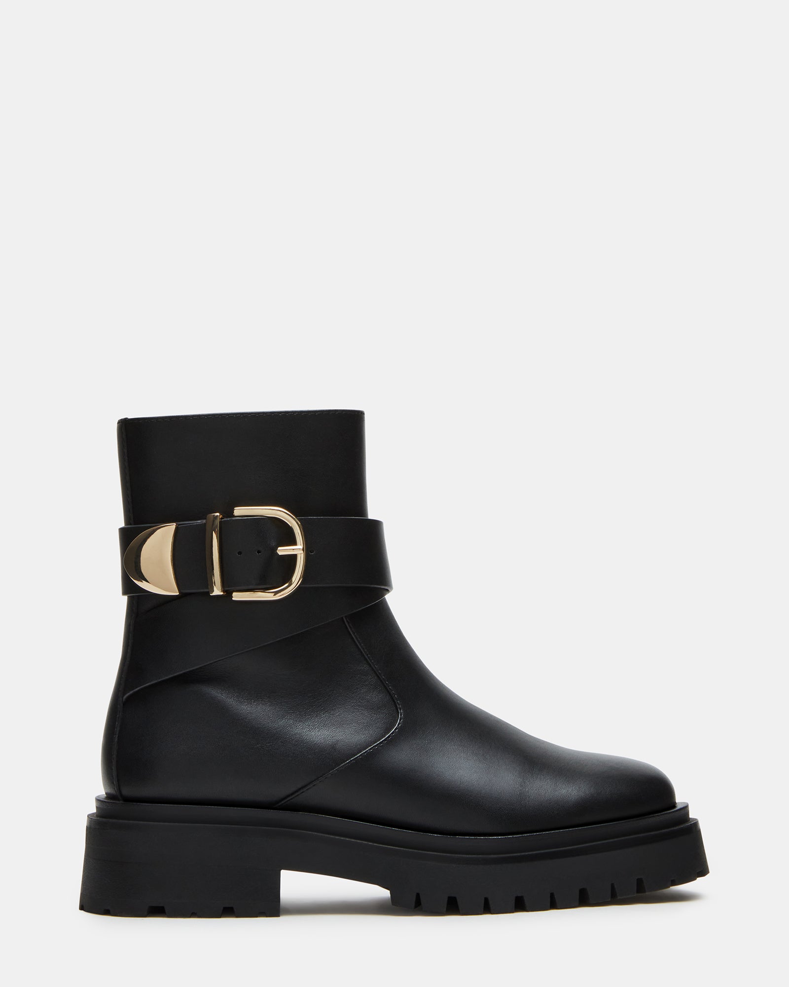 Lonny black ankle boots side view showcasing sleek buckle design.