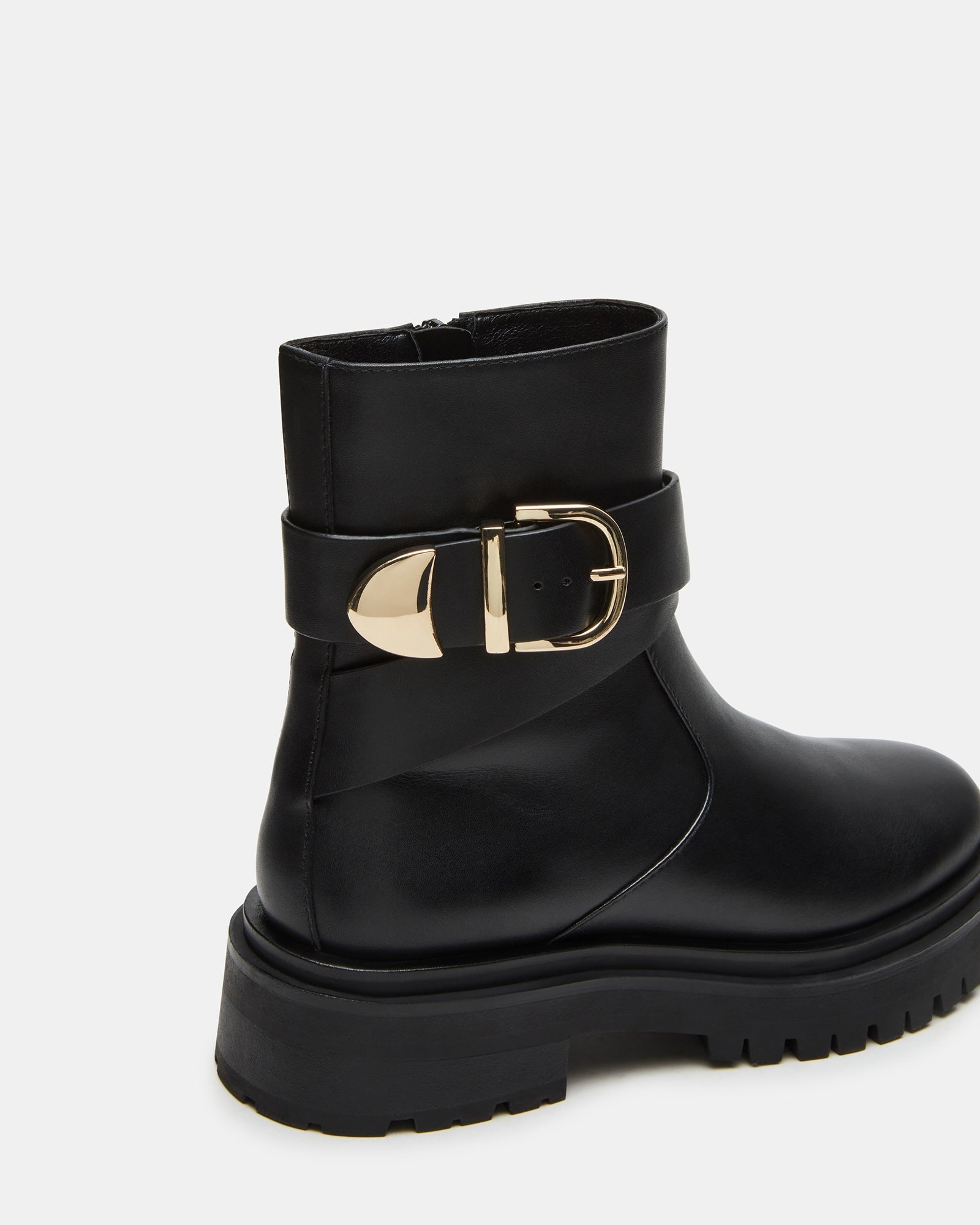 Lonny black ankle boots side view showcasing sleek buckle design.