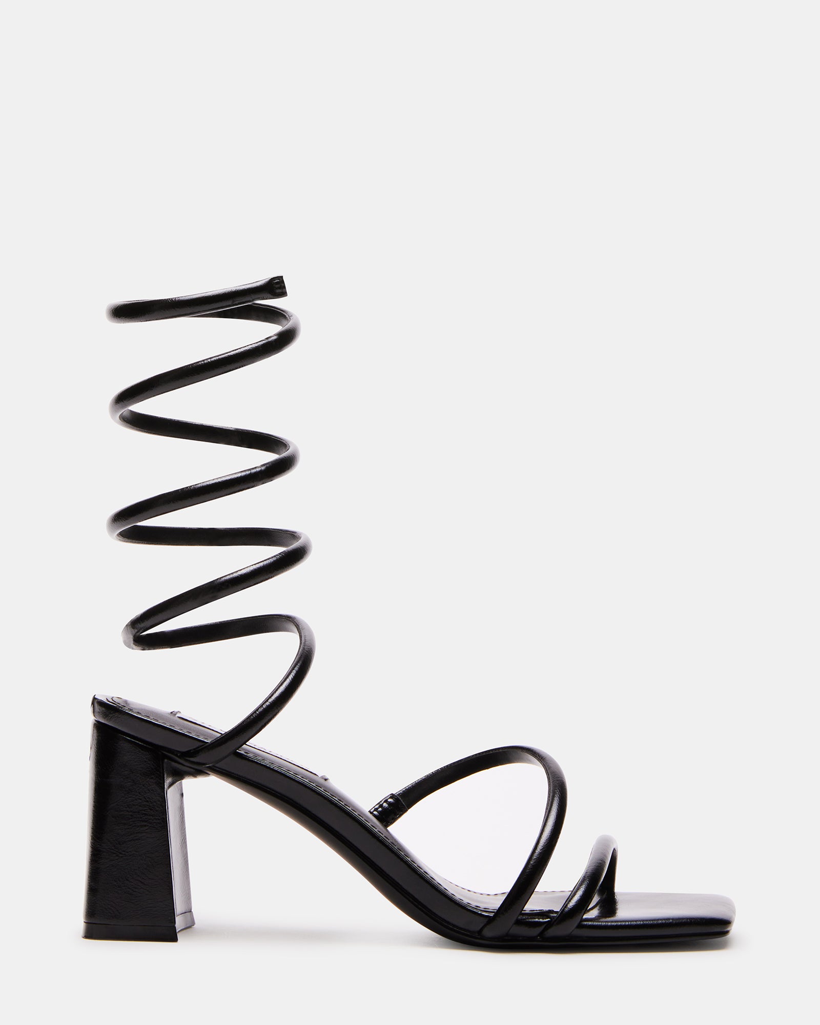 Lopez Black sandals modeled on foot, showcasing square toe and ankle strap.