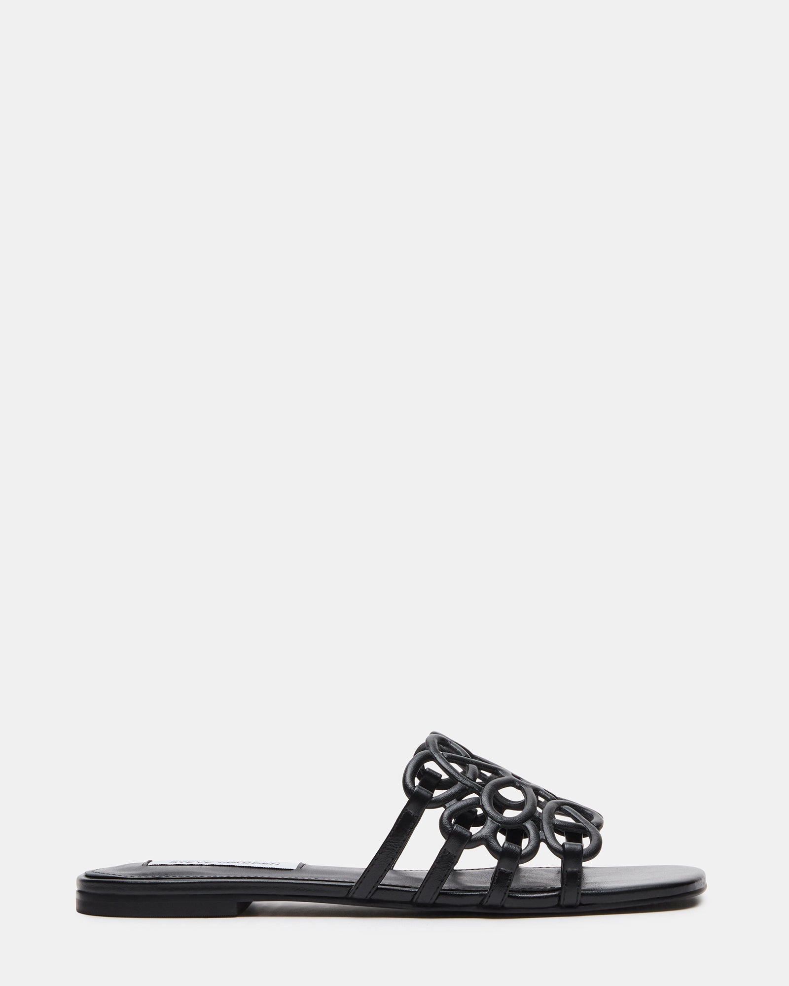 Front view of black patent leather sandals showcasing square toe design