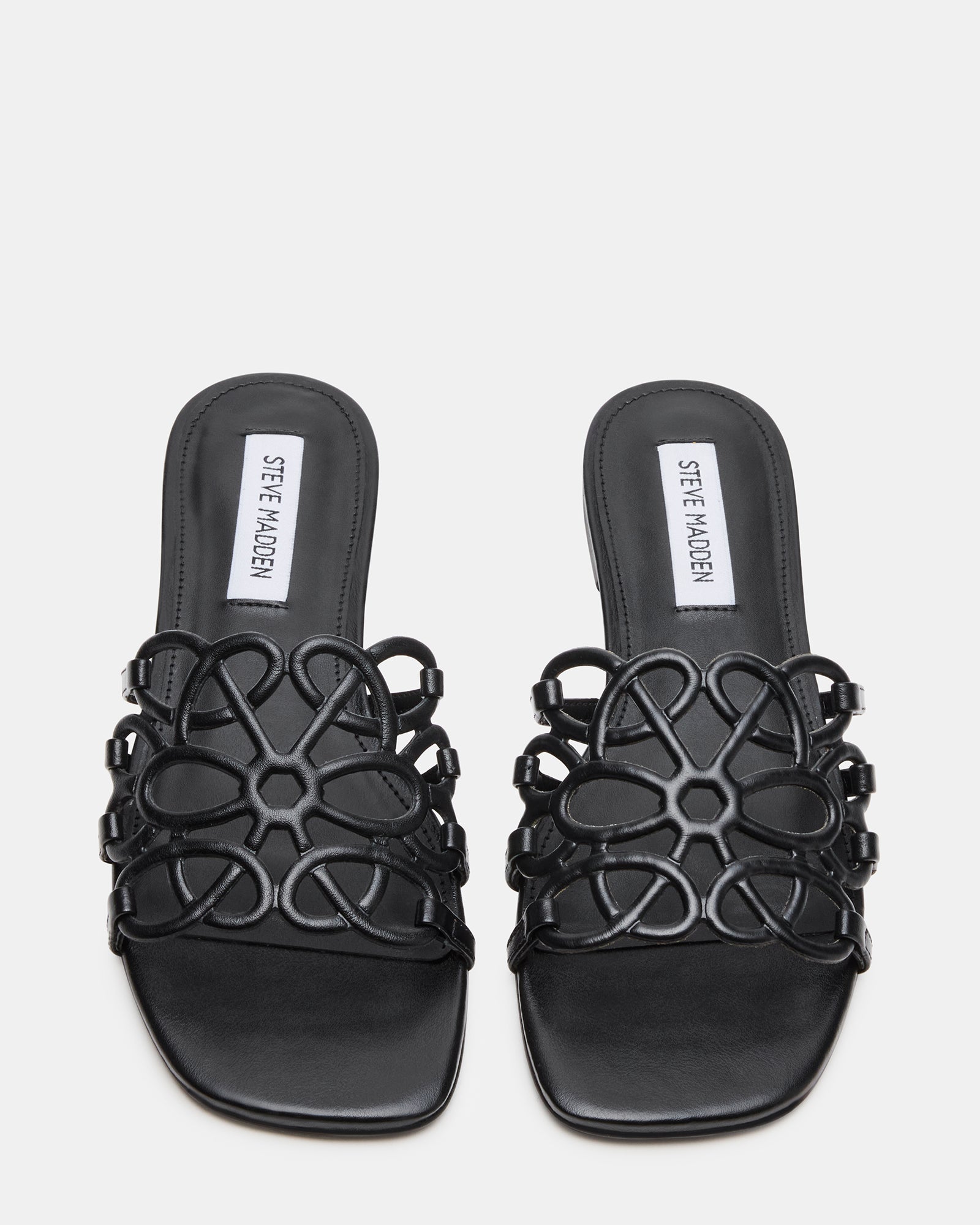 Front view of black patent leather sandals showcasing square toe design
