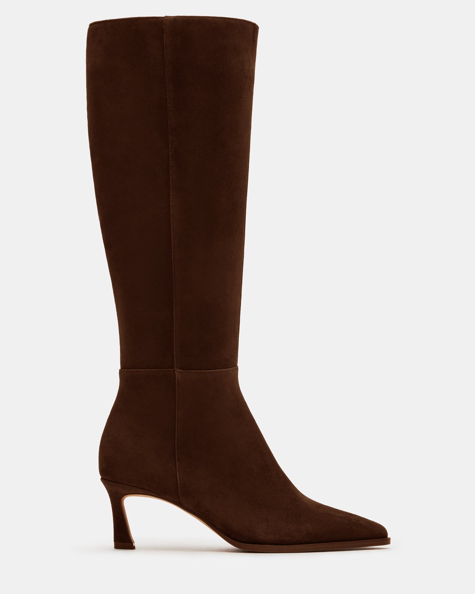 Front view of brown suede ankle boots with pointed toe and kitten heel