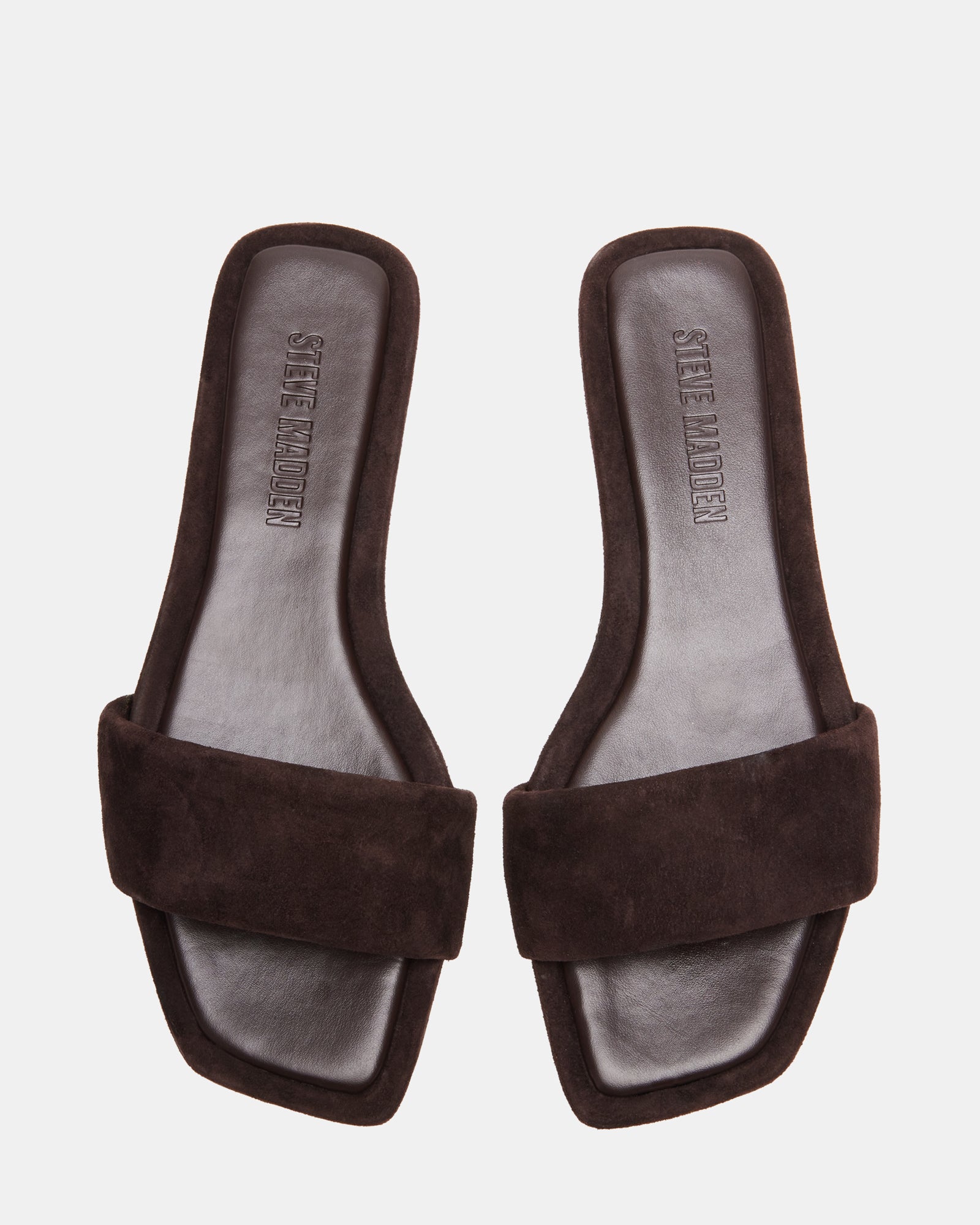Close-up of LUMINA suede sandals showcasing square toe design.