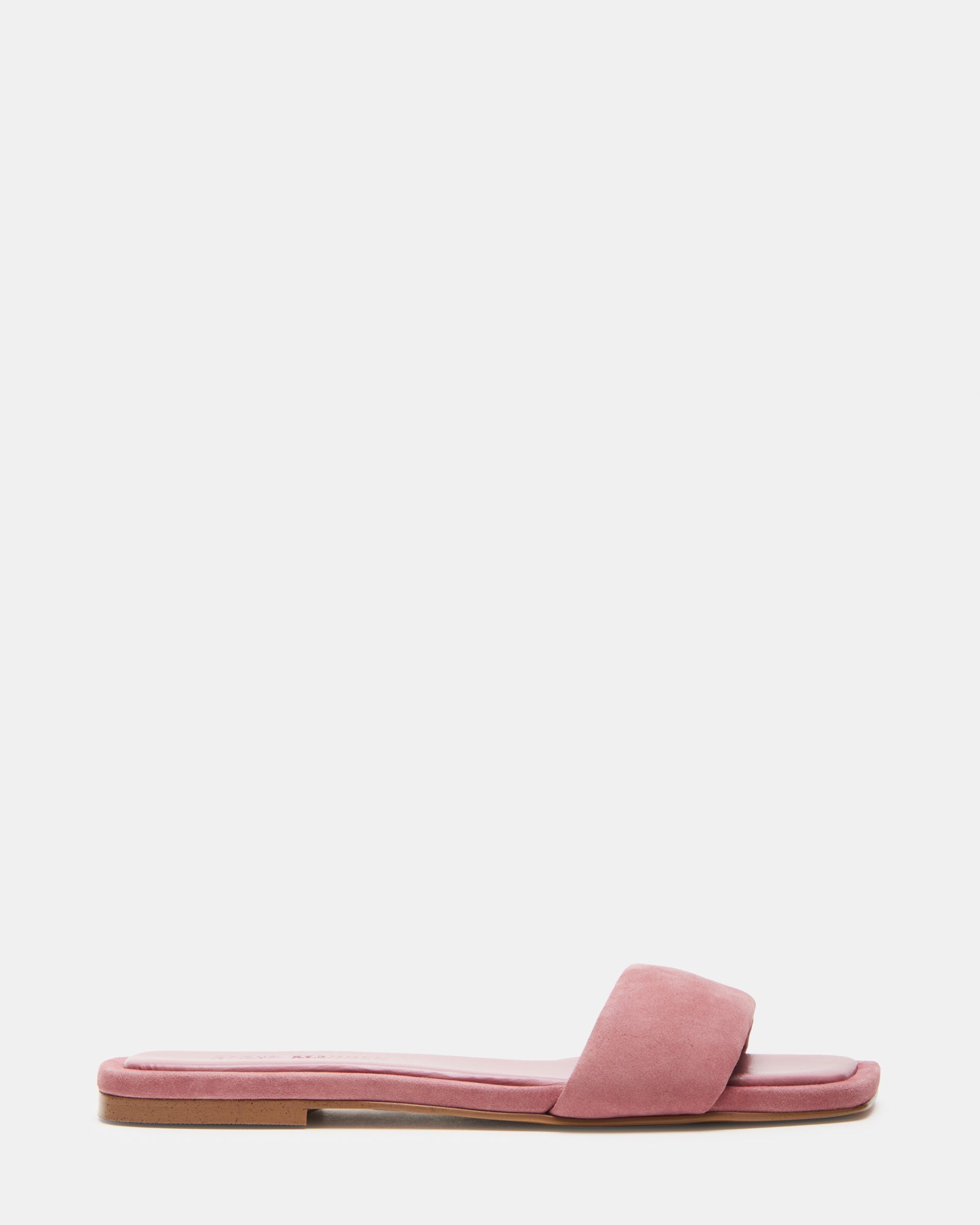Pink suede slide sandals with square toe on a neutral background, showcasing stylish comfort