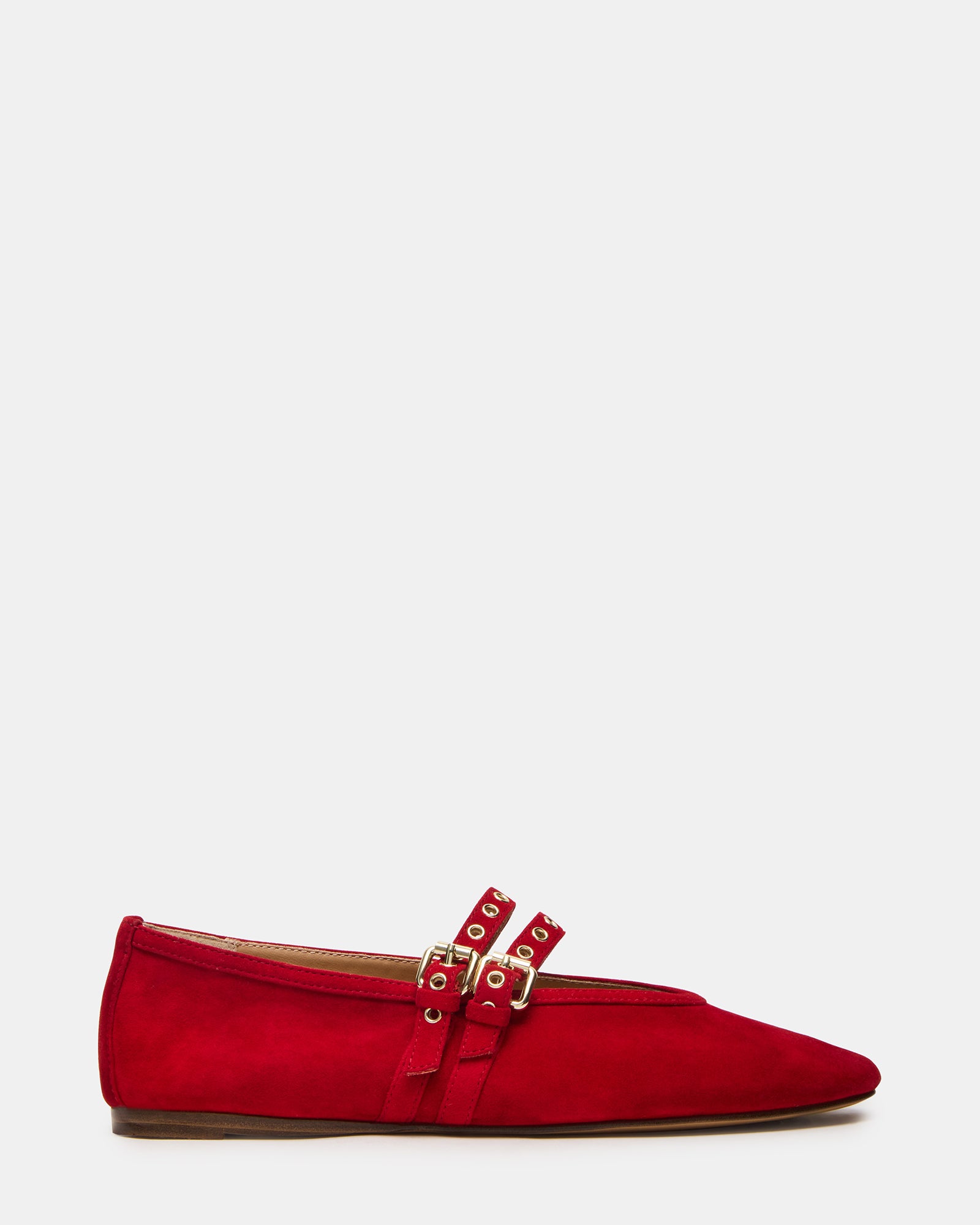 Side angle of womens mary jane flats in red suede with buckle strap