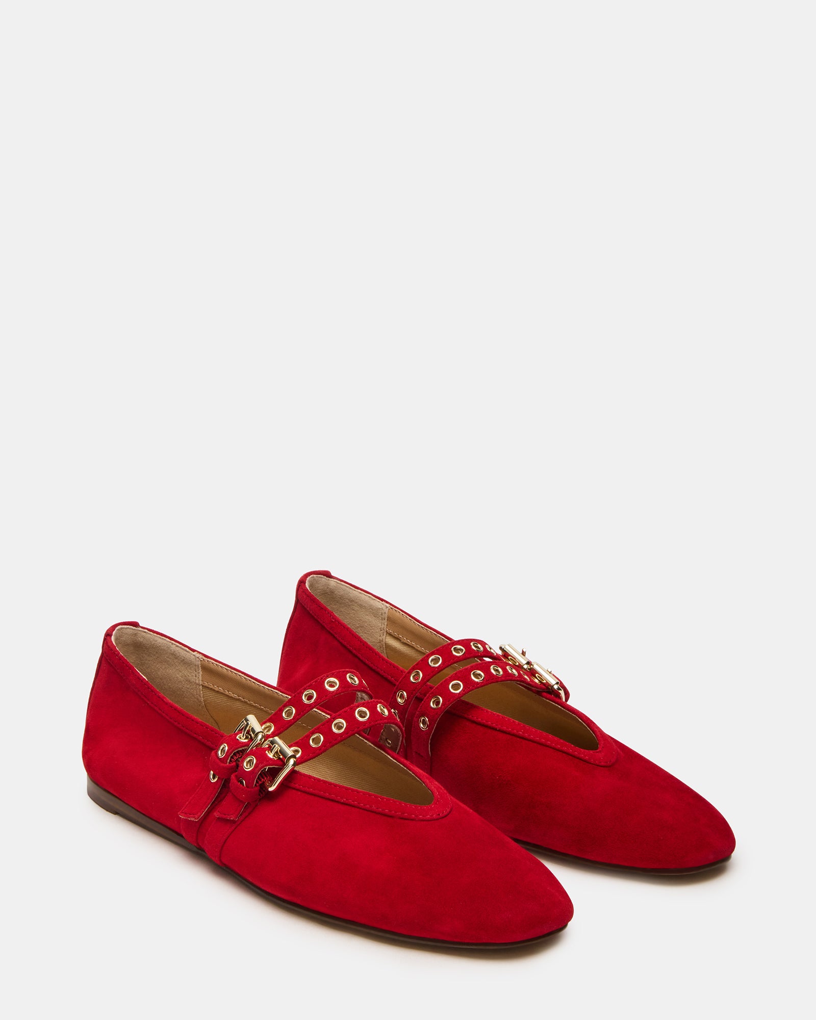 Top-down view showcasing sleek silhouette of red suede ballet flats