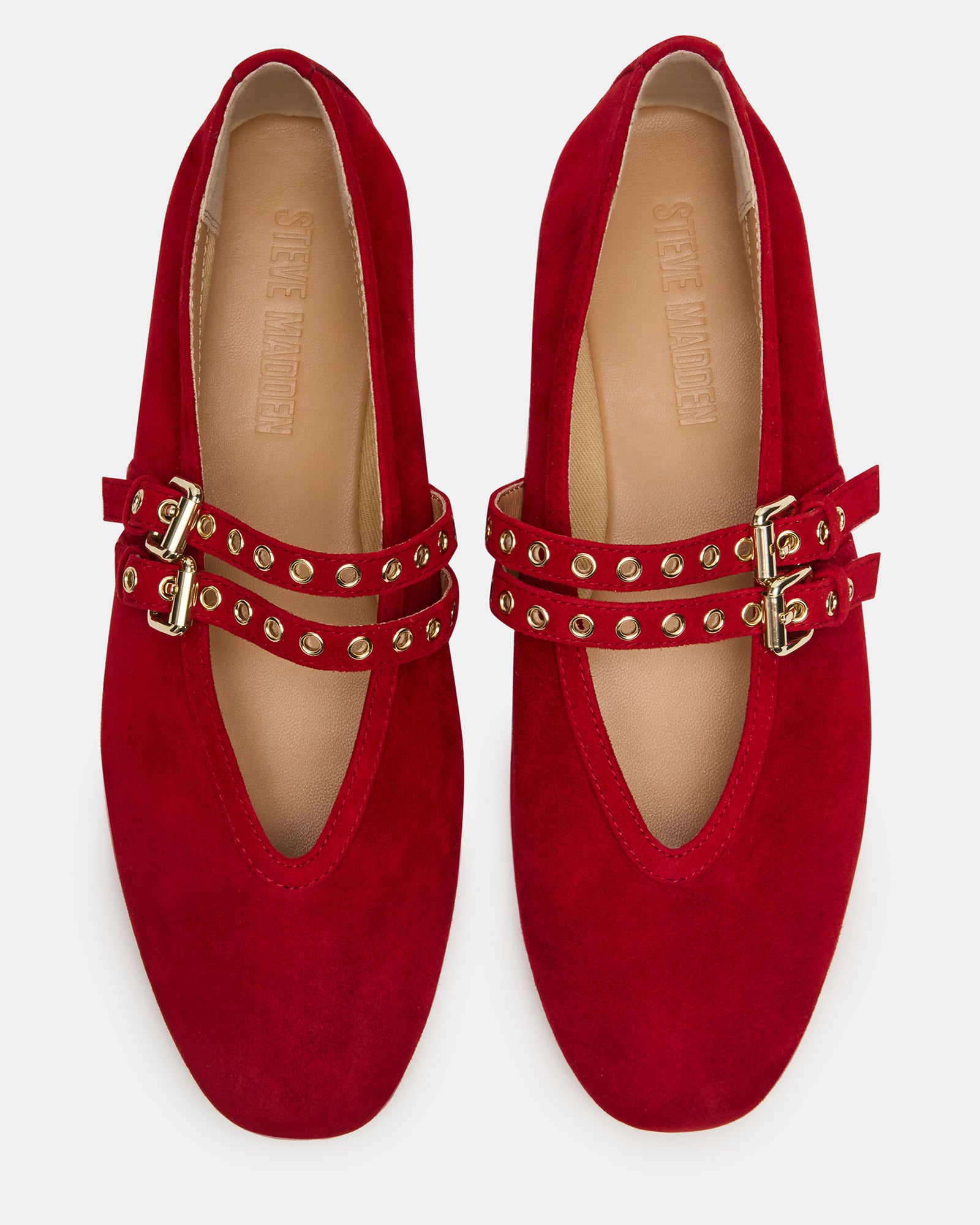 Side angle of womens mary jane flats in red suede with buckle strap