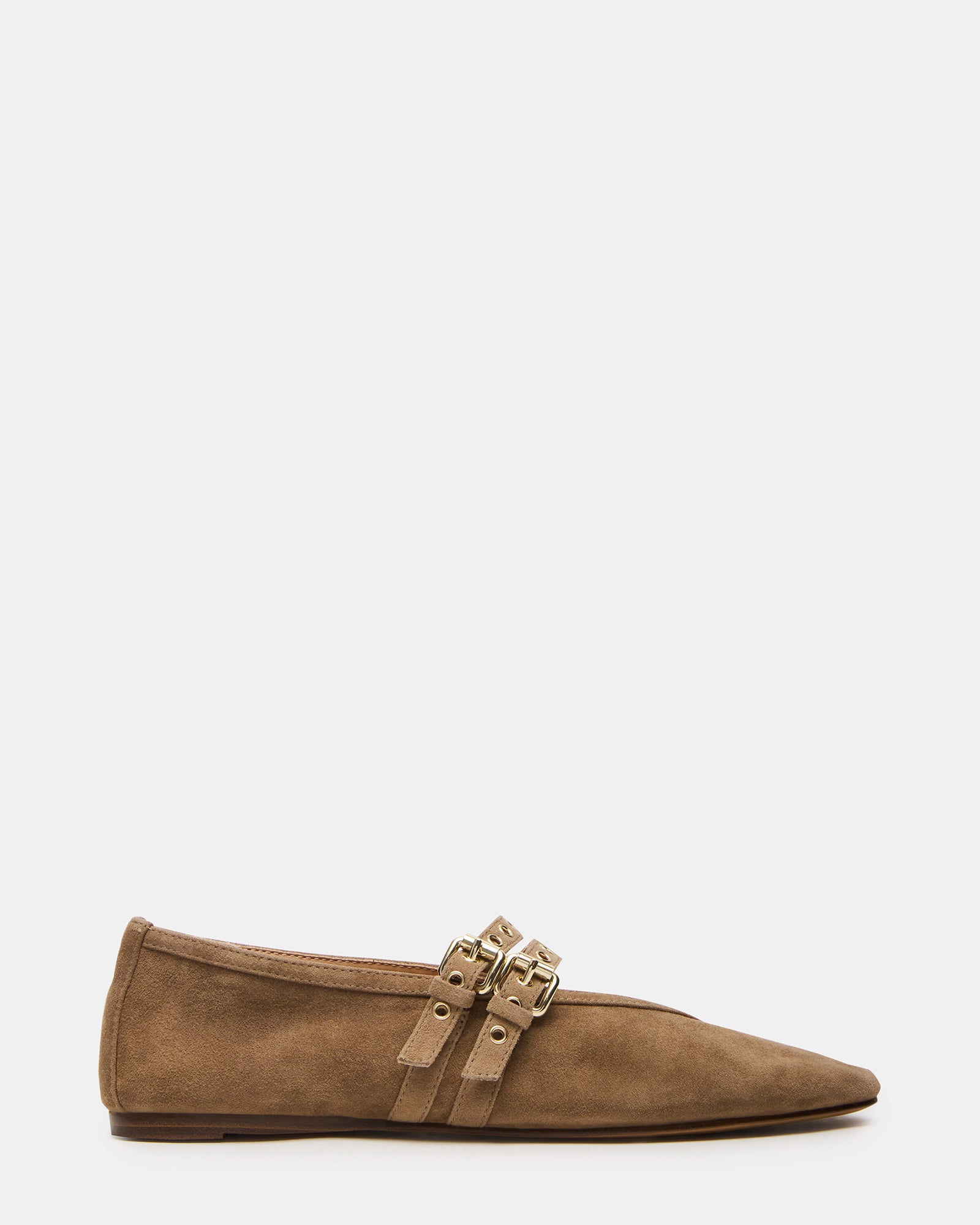 Side view of mesh ballet flats showing sleek silhouette and taupe color