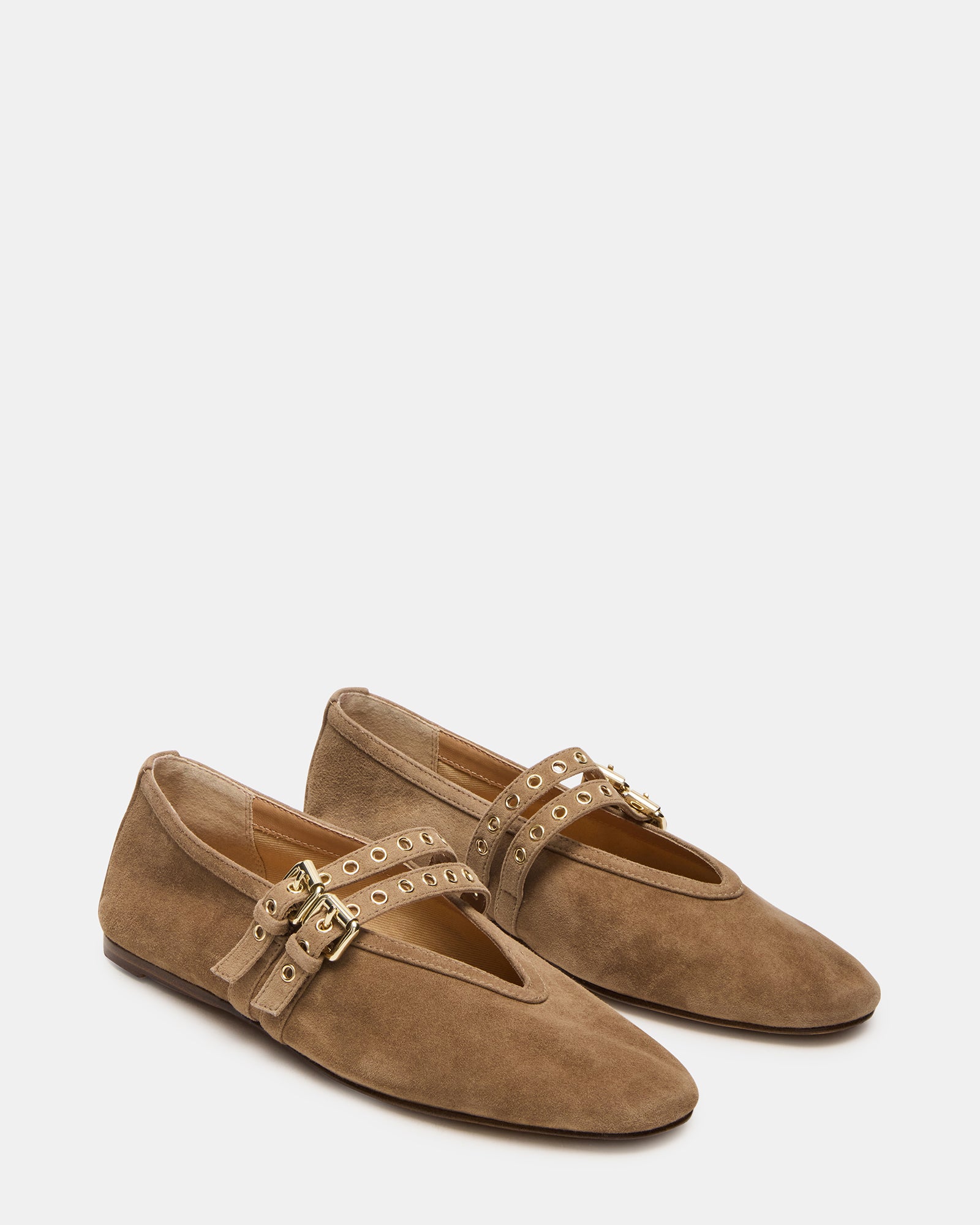Top-down photo of ballet ballerina flats featuring the buckle and round toe design