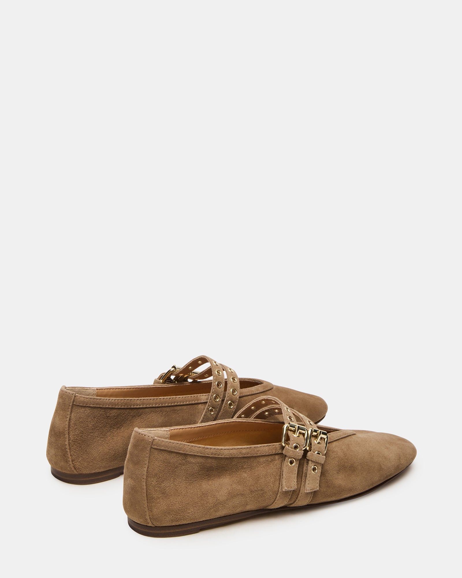 Top-down photo of ballet ballerina flats featuring the buckle and round toe design